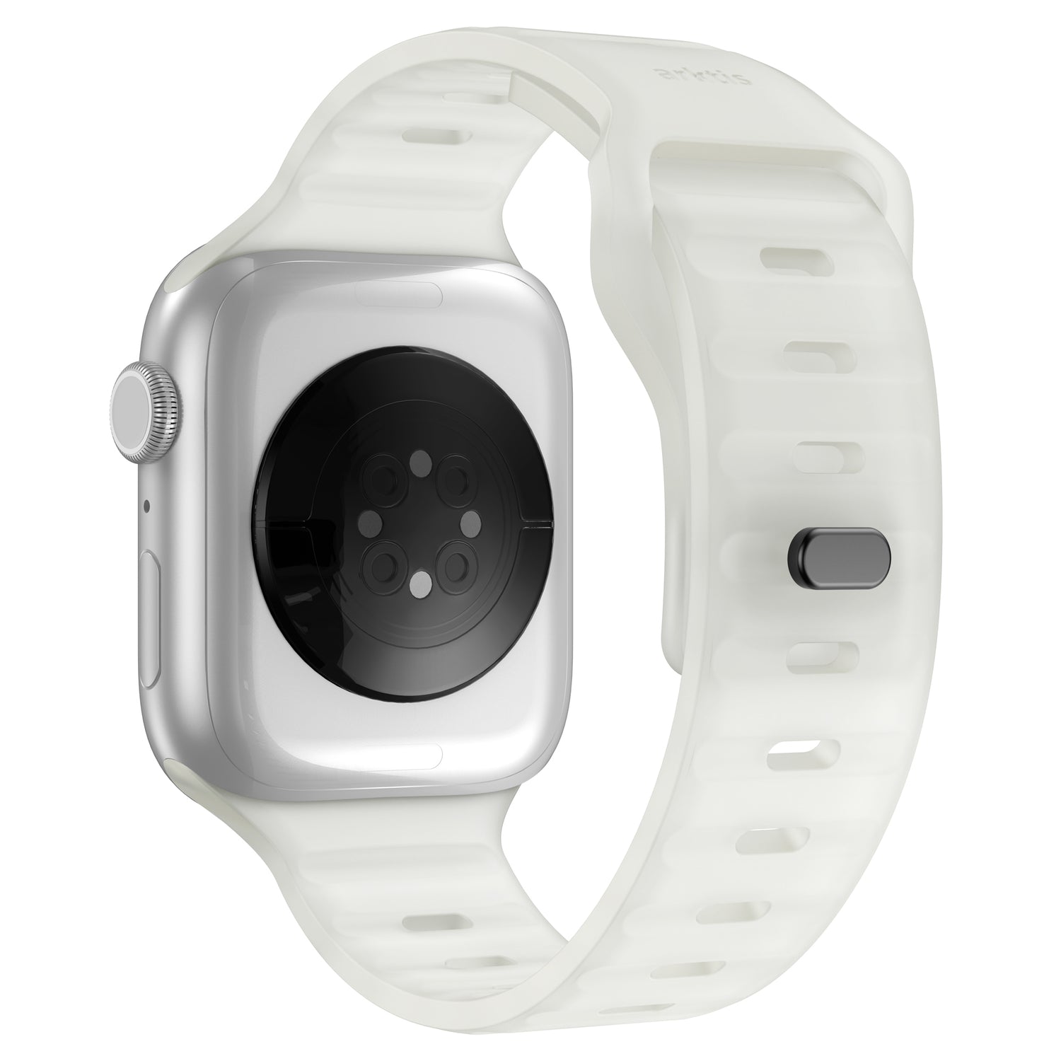 Das Bild zeigt das arktisband Apple Watch Silikonarmband „Active“, ein weißes, perforiertes Sportarmband von arktisband an einer silbernen Smartwatch mit rundem, schwarzem Sensor, das einen sportlichen Look ähnlich der Apple Watch bietet.