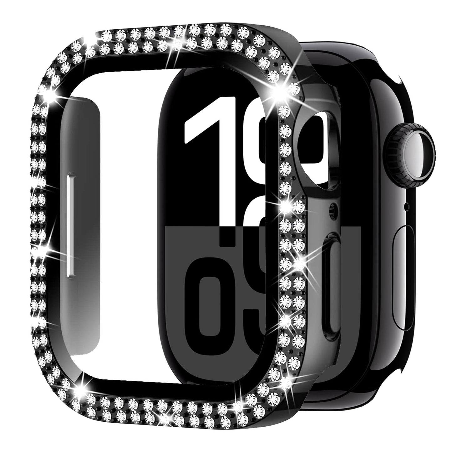 Eine schwarze Smartwatch mit Digitalanzeige (19:09) neben der arktisband GLAMOUR Glitzerhülle für Apple Watch, einem funkelnden Gehäuse von arktisband mit Strasssteinchen und gehärtetem Schutzglas für zusätzlichen Schutz.