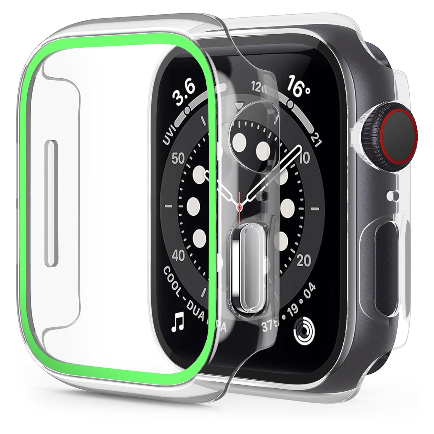 Die im Dunkeln leuchtende Arktis Apple Watch Hülle für die Serien 7, 8 und 9 von Arktis verfügt über ein durchsichtiges Polycarbonatgehäuse mit einer grünen, im Dunkeln leuchtenden Kontur – eine Kombination aus herausragendem Stil und Schutz für Ihre Smartwatch.