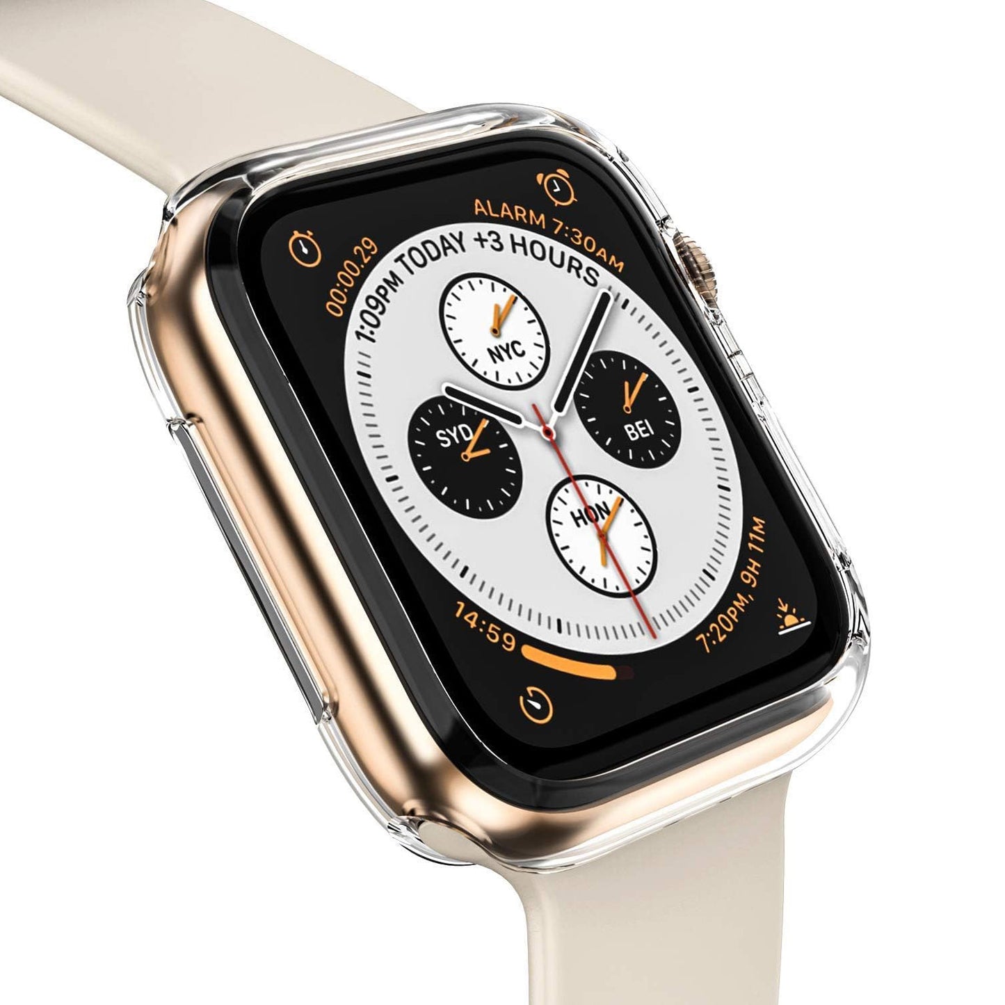 Ein goldener Arktis CRYZTAL BUMPER schützt die Apple Watch mit weißem Band. Der weiße Bildschirm zeigt mehrere Zeitzonen, eine Alarmzeit von 7:30 Uhr und digitale Funktionen – perfekt geschützt vom transparenten TPU Case der Marke artis.