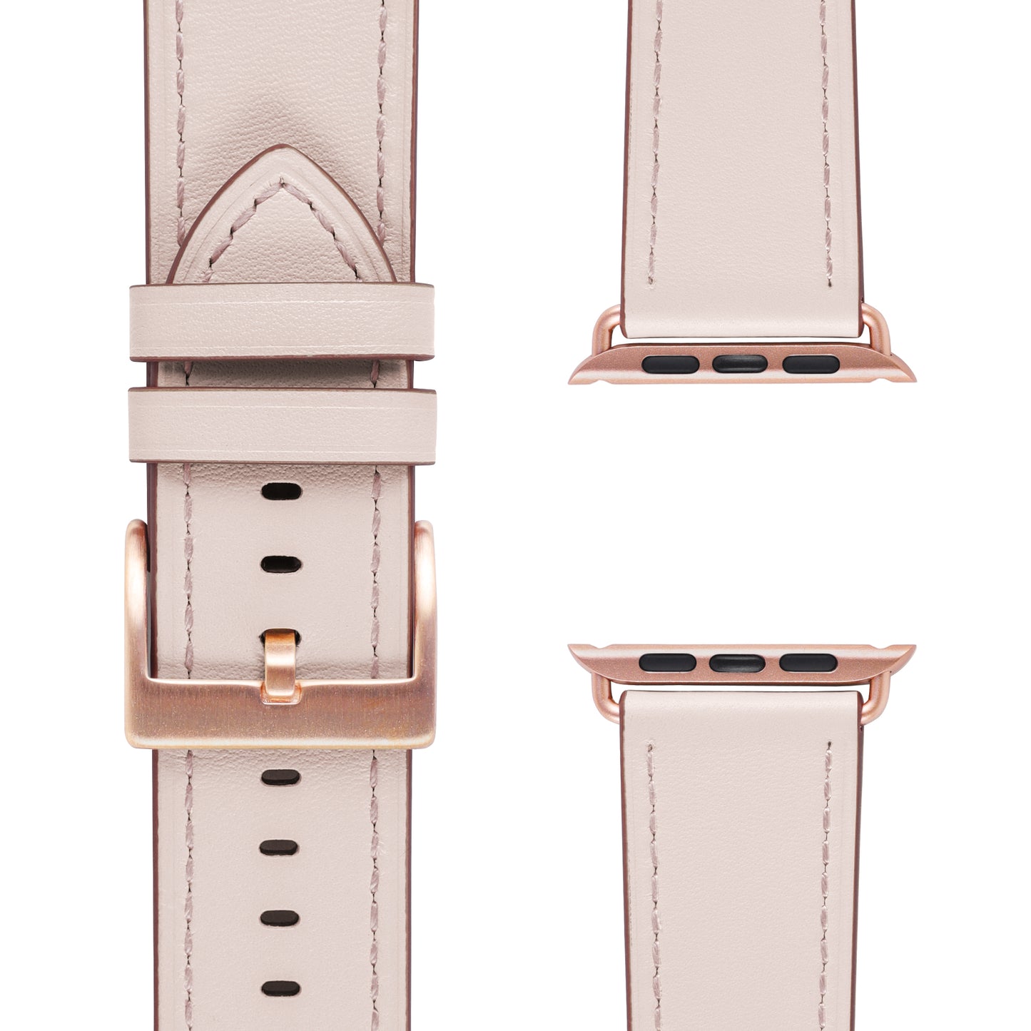 Das arktisband Apple Watch Lederarmband "Premium" in Hellbeige verfügt über eine roségoldene Edelstahlschließe, dargestellt in drei Ansichten: Vorderseite mit Schließe und beide Anschlussenden oben und unten. Nähte und Einstelllöcher sind sichtbar.