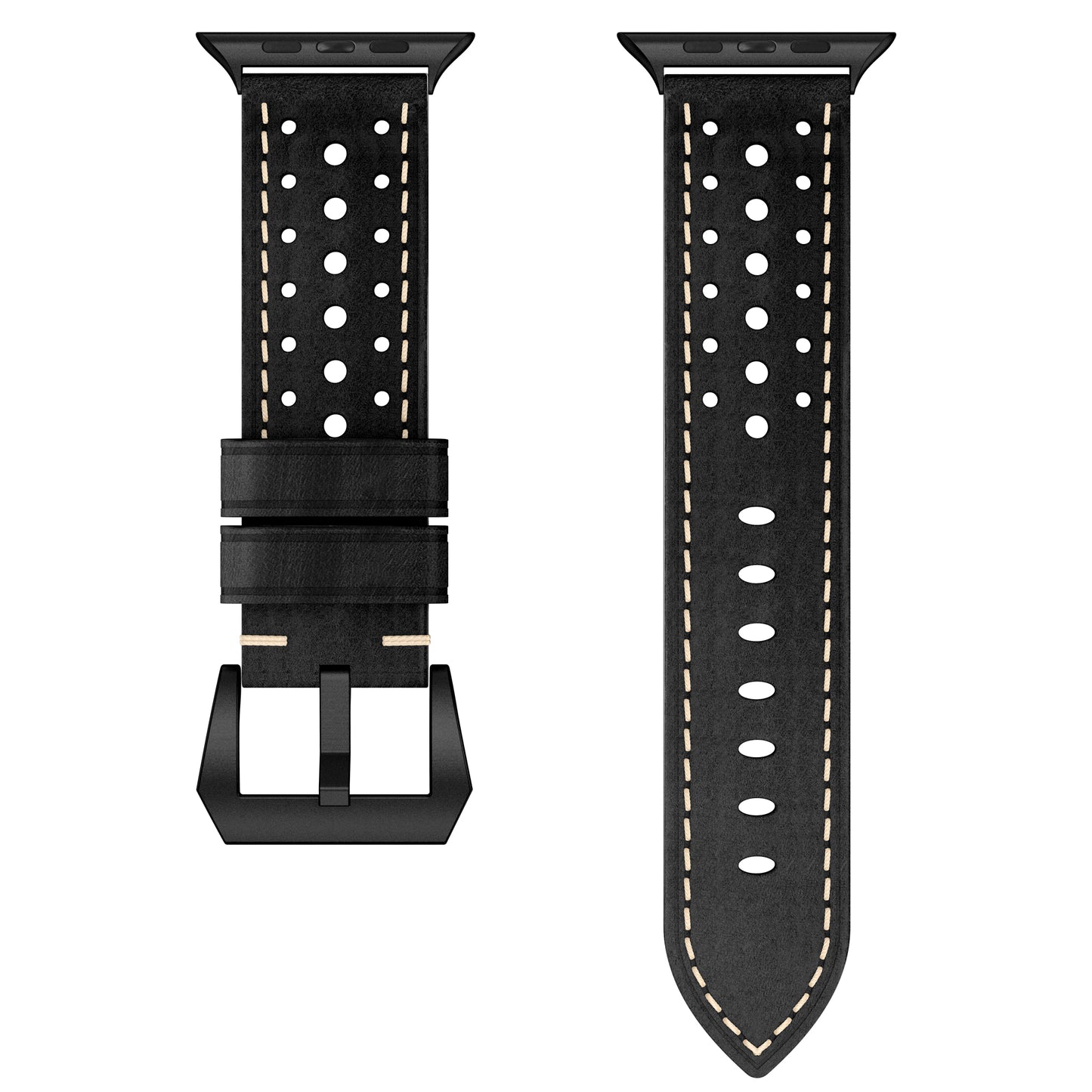 Das arktisband Apple Watch Lederarmband "Toronto" ist ein schwarzes Lederarmband mit weißen Nähten und mehreren Löchern, kompatibel mit Apple Watch. Vorder- und Schrägansicht zeigen dieses hochwertige Echtleder Armband von arktisband.