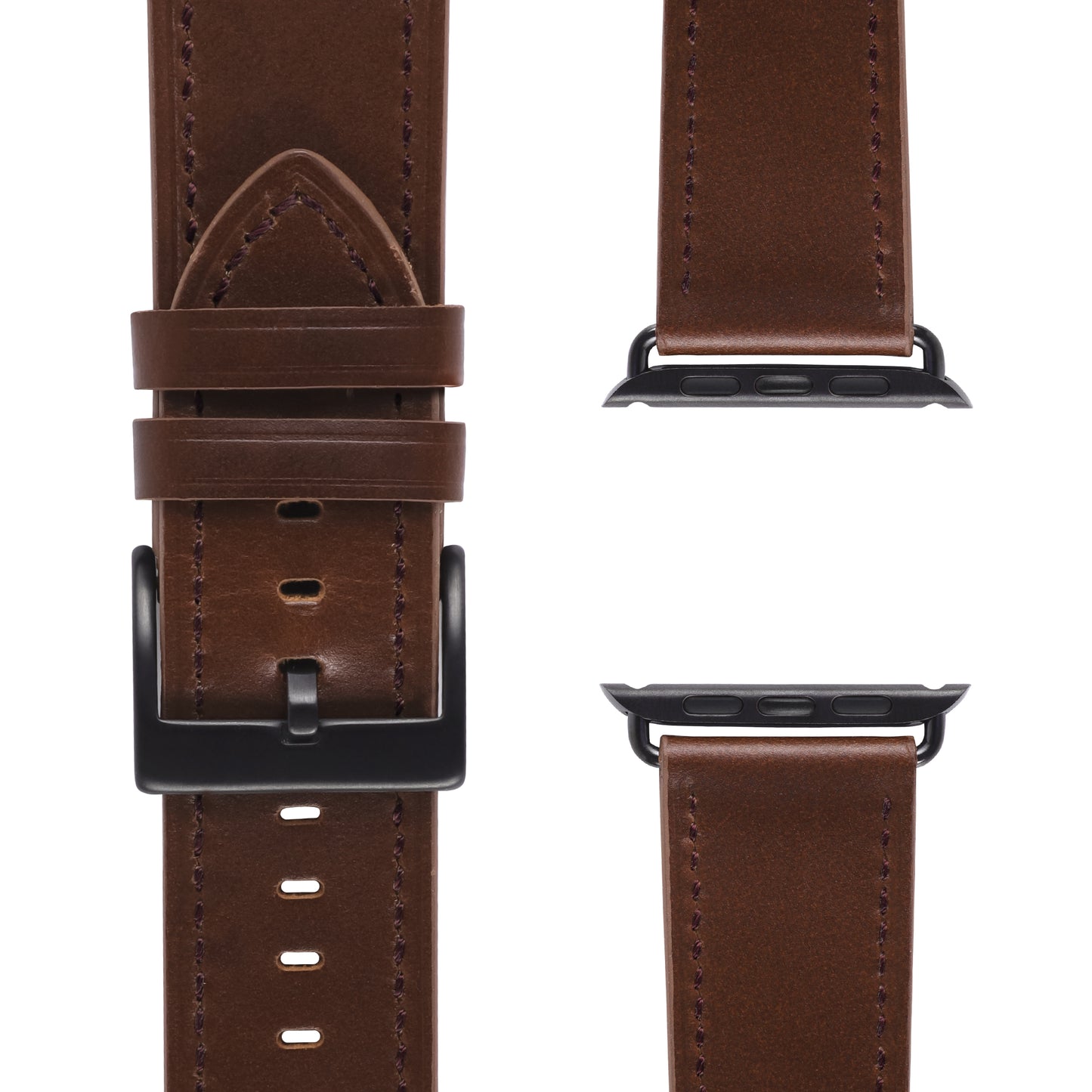 Das arktisband Apple Watch Lederarmband "Premium" von arktisband wird in braunem Leder mit schwarzer Edelstahl-Dornschließe und Adaptern gezeigt. Drei Ansichten zeigen die vordere Schließe und die beiden Armbandteile von der Rückseite mit sichtbaren Kantennähten.