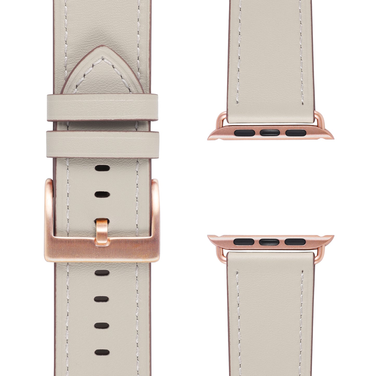 Das arktisband Apple Watch Lederarmband "Premium" in Beige verfügt über Roségold-Hardware, eine Edelstahl-Dornschließe und passende Anschlüsse. Von vorne abgebildet, mit Nahaufnahmen der Smartwatch-Befestigungsenden.