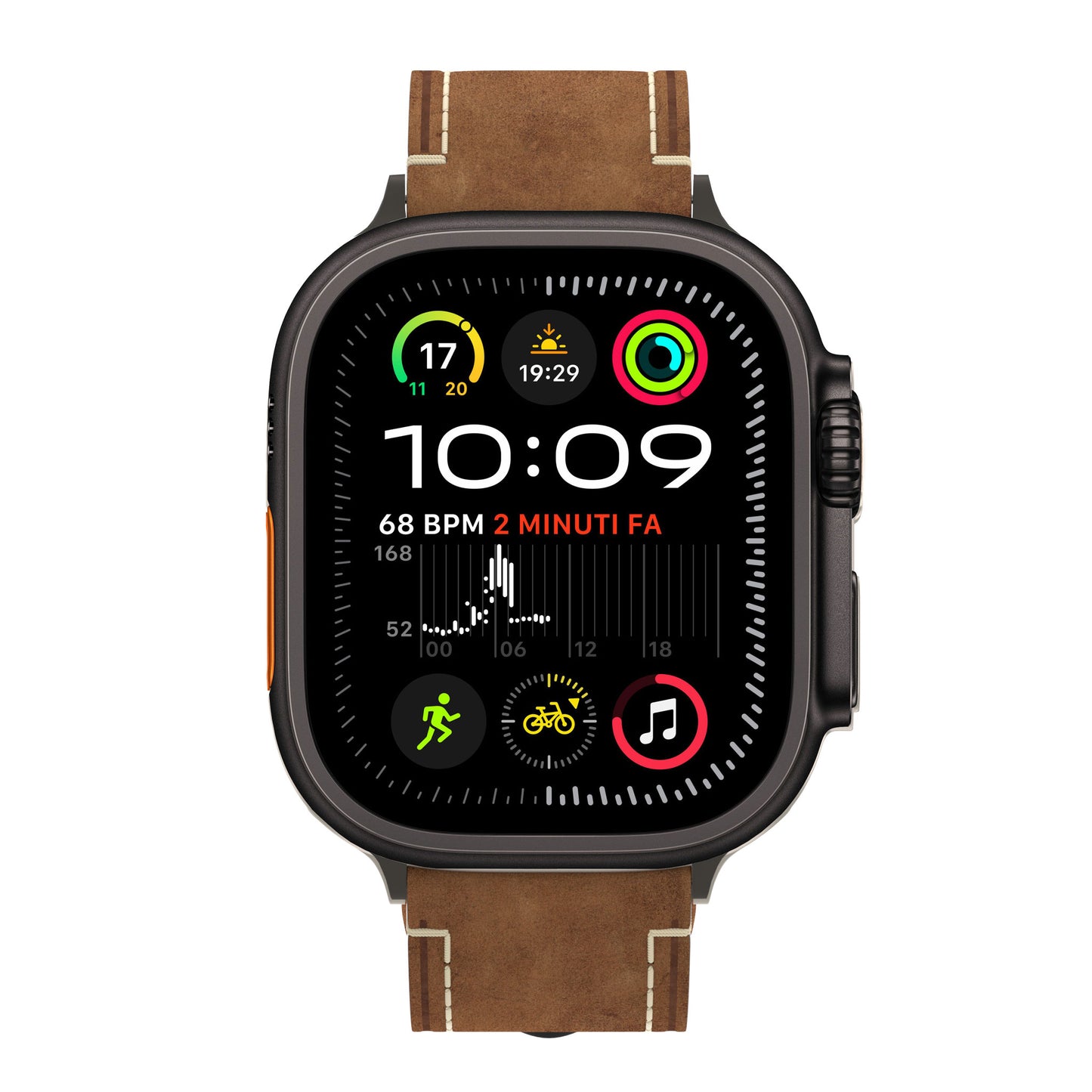 Das arktisband Apple Watch Ultra PALERMO GRANDE Lederarmband zeigt die Uhrzeit als 10:09 an und zeigt Fitnessringe, Herzfrequenz bei 68 BPM, Wetter, Kalenderinformationen und App-Symbole auf dem Bildschirm an.