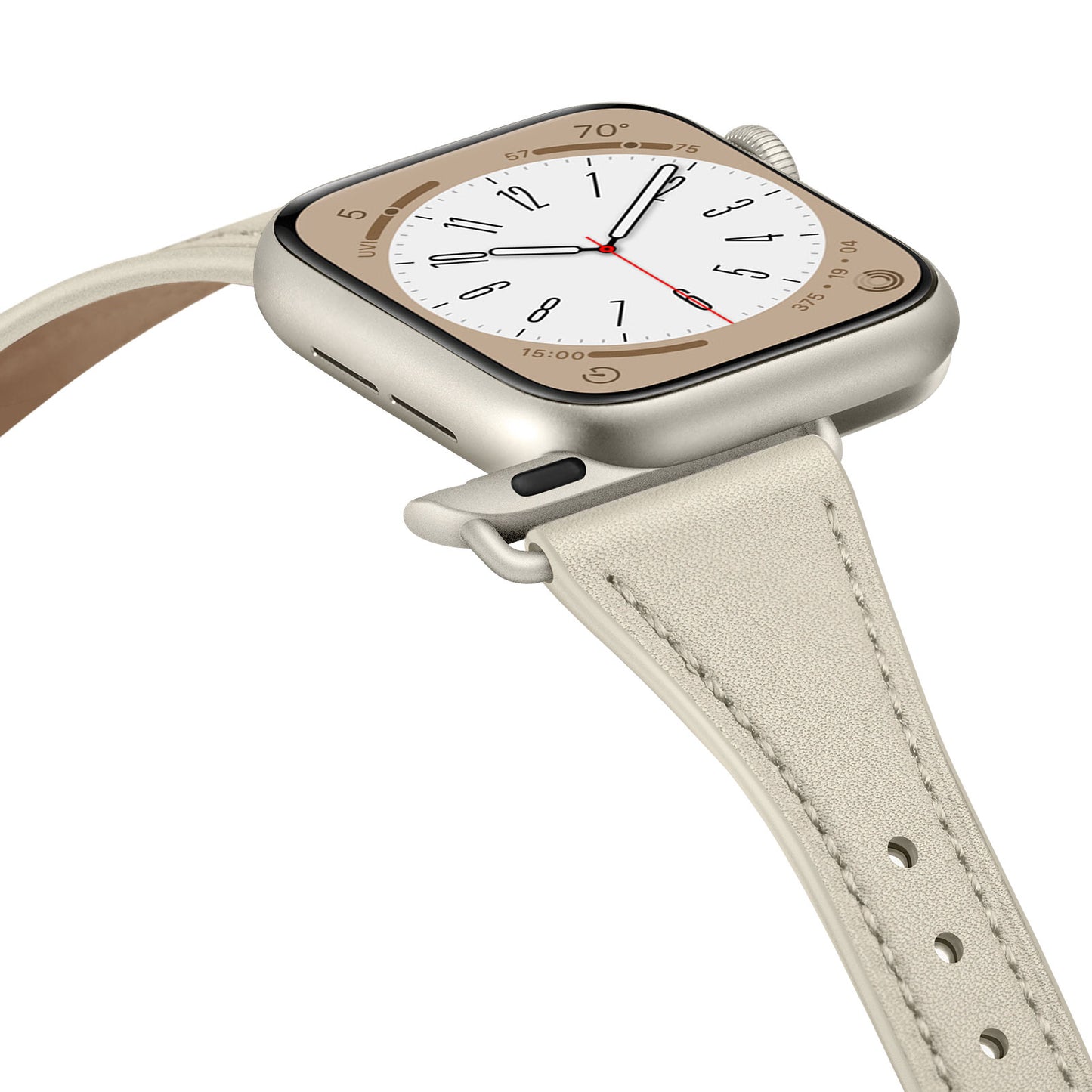 Das arktisband Apple Watch Lederarmband „Napoli“ von arktisband verfügt über ein beiges Echtlederarmband an einer silbernen Smartwatch und zeigt ein analoges Zifferblatt mit schwarzen Stundenmarkierungen, drei Zeigern, roten Indikatoren und einem minimalistischen Stil mit sichtbarem Seitenknopf.