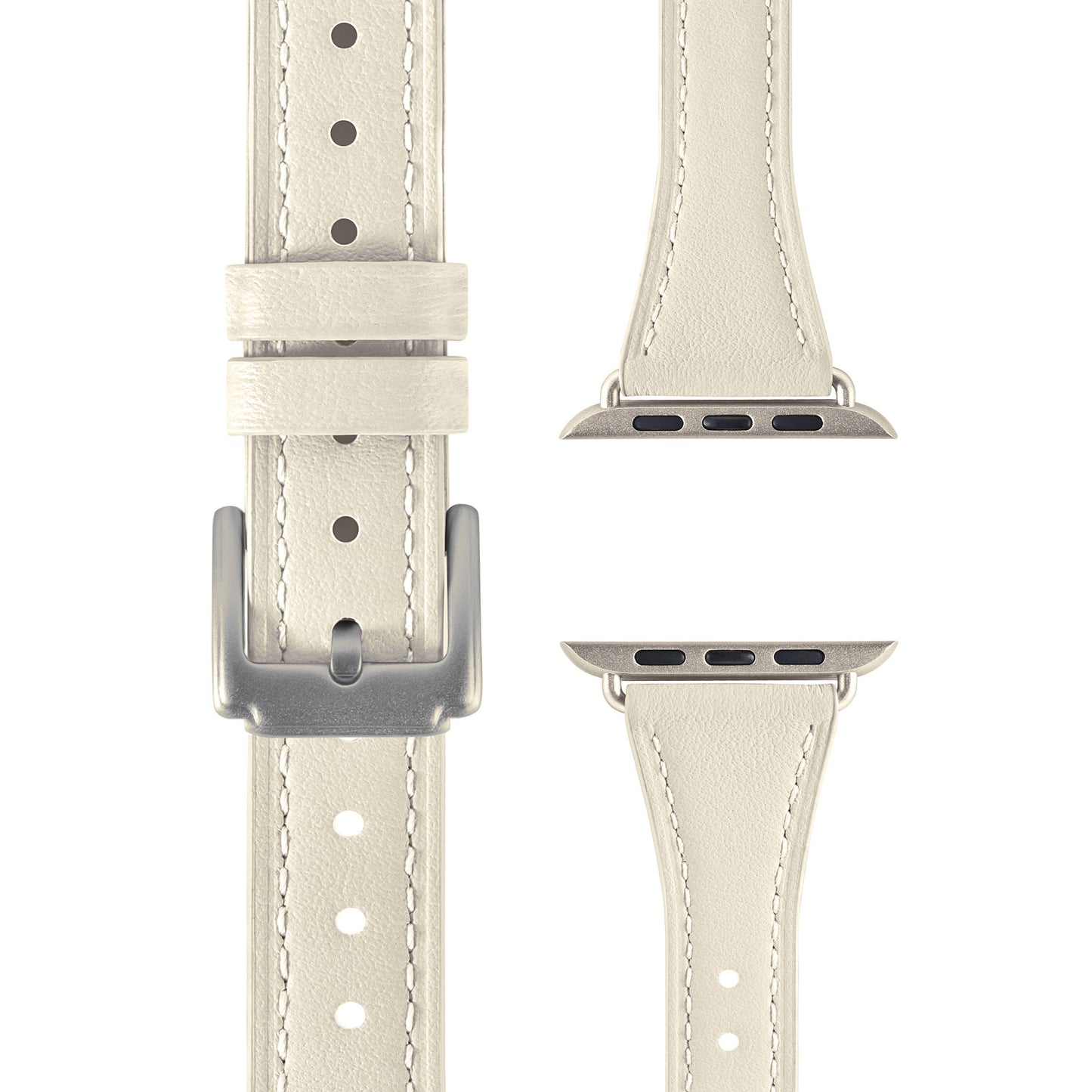 Das Arktisband Apple Watch Lederarmband „Napoli“ ist ein beiges Echtlederarmband mit weißen Nähten, silberner Schnalle und Anschlüssen. Flach in zwei Teilen dargestellt, bietet es einen minimalistischen Stil und ist mit Ihrer Smartwatch kompatibel.