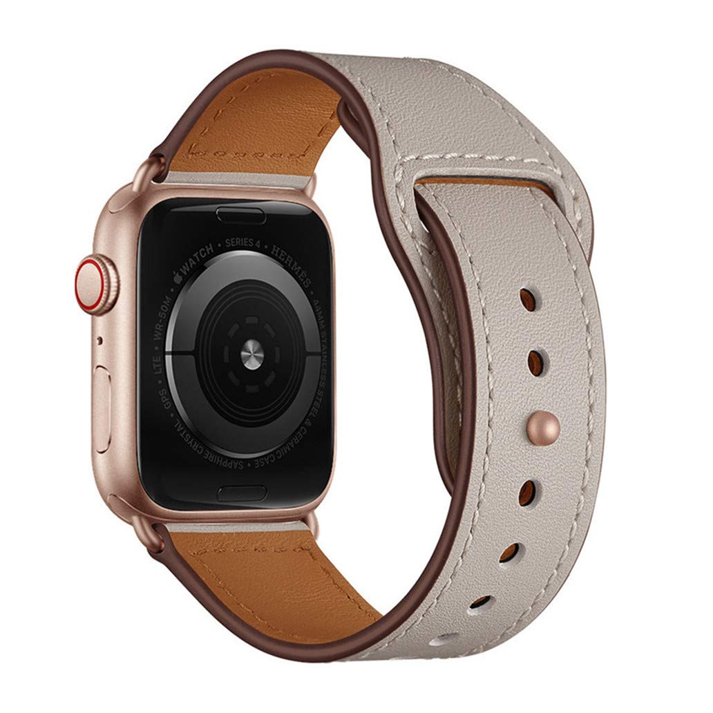 Das arktisband Apple Watch Kunstlederarmband von arktisband in Roségold mit einem hellbraunen und weißen Lederarmband, hier von hinten, bietet einen minimalistischen Look und maximalen Tragekomfort.