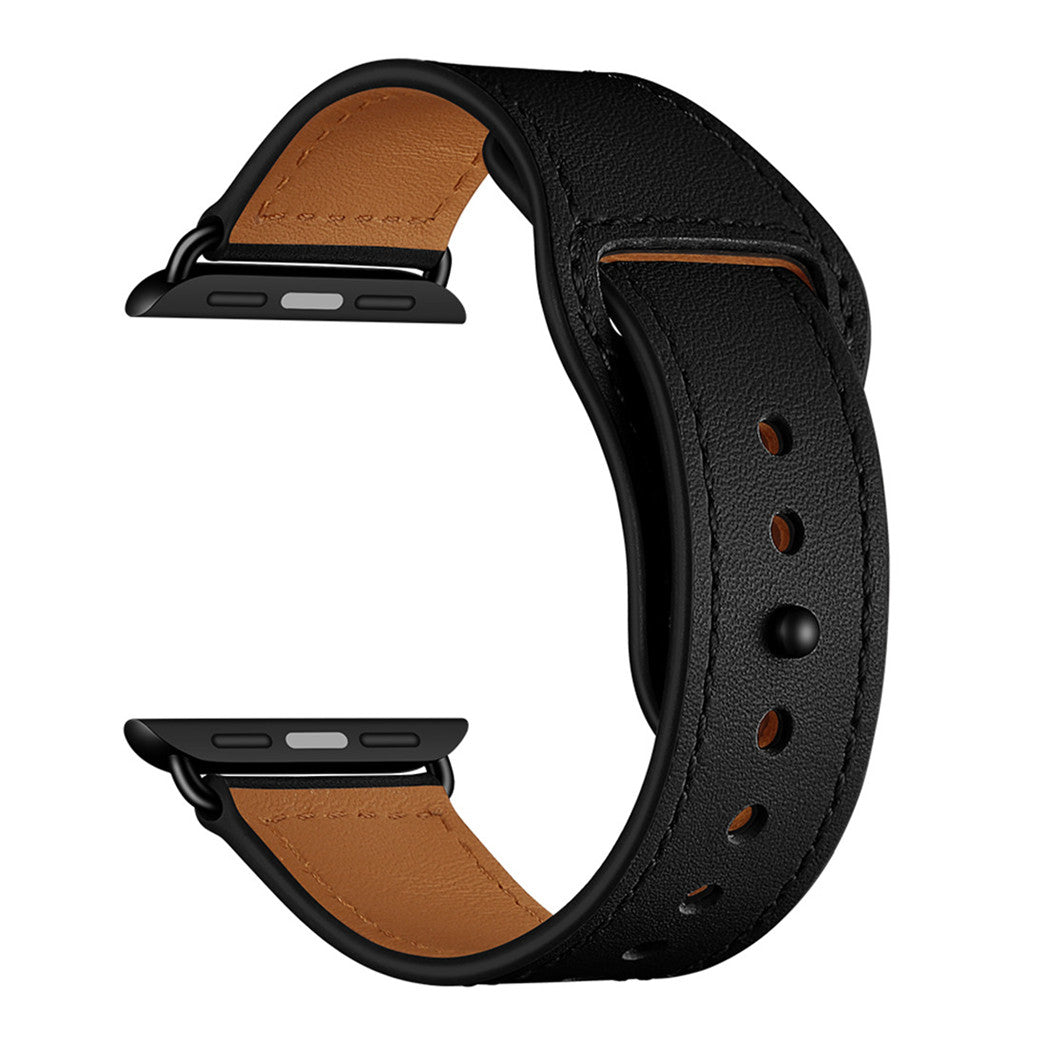 Das arktisband Apple Watch Kunstlederarmband in schwarzem Leder mit braunem Innenfutter, abgebildet auf weißem Hintergrund, bietet maximalen Tragekomfort und einen minimalistischen Look.