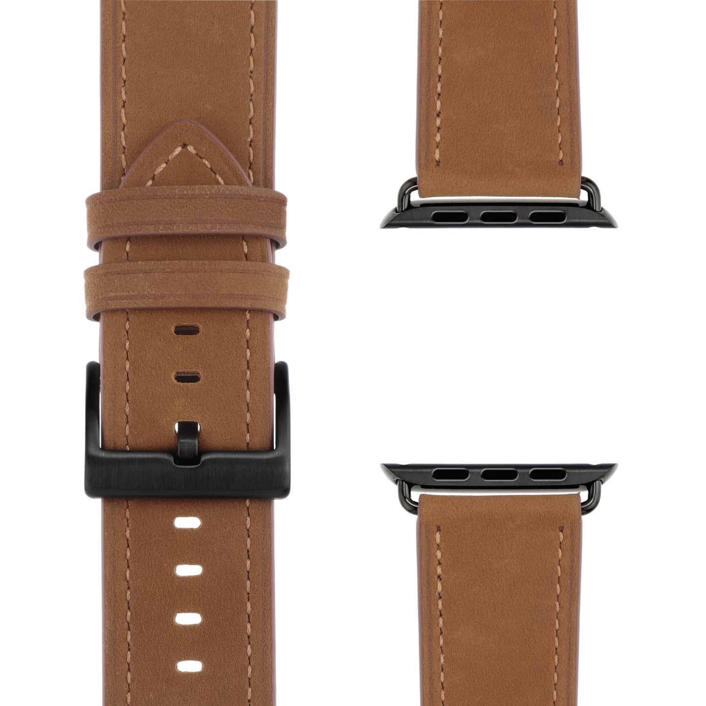Das arktisband Apple Watch Lederarmband „Premium“ von arktisband aus braunem Echtleder mit schwarzen Metallschließe und Steckverbindern wird vorne gezeigt, daneben separate Ansichten von Ober- und Unterseite mit Anschlüssen.
