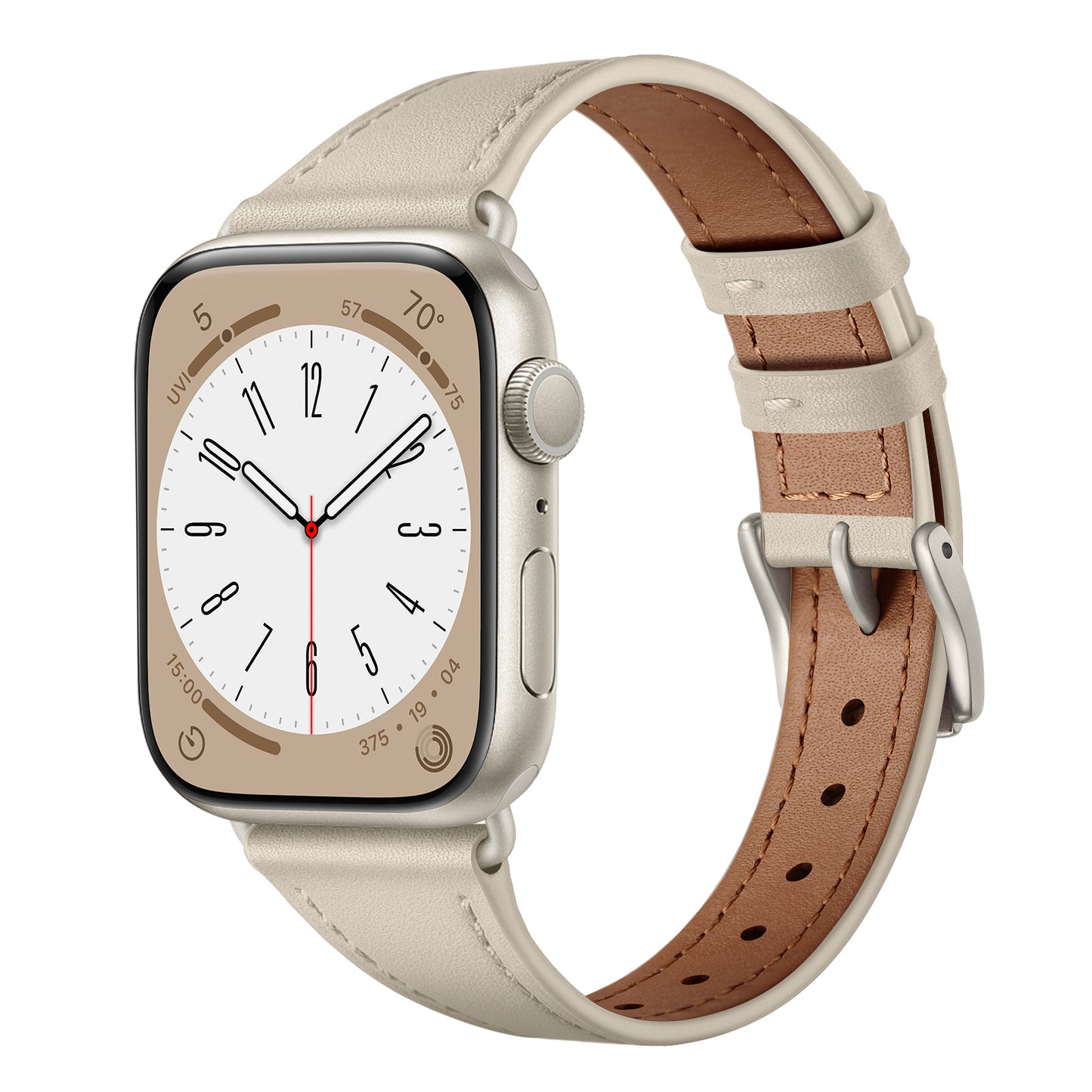 Das arktisband Apple Watch Lederarmband „Napoli“ verfügt über ein beiges Echtlederband mit Löchern und einer silbernen Schnalle und passt perfekt zu einer rechteckigen Apple Watch mit abgerundeten Ecken in Beige und Silber für einen minimalistischen Look.