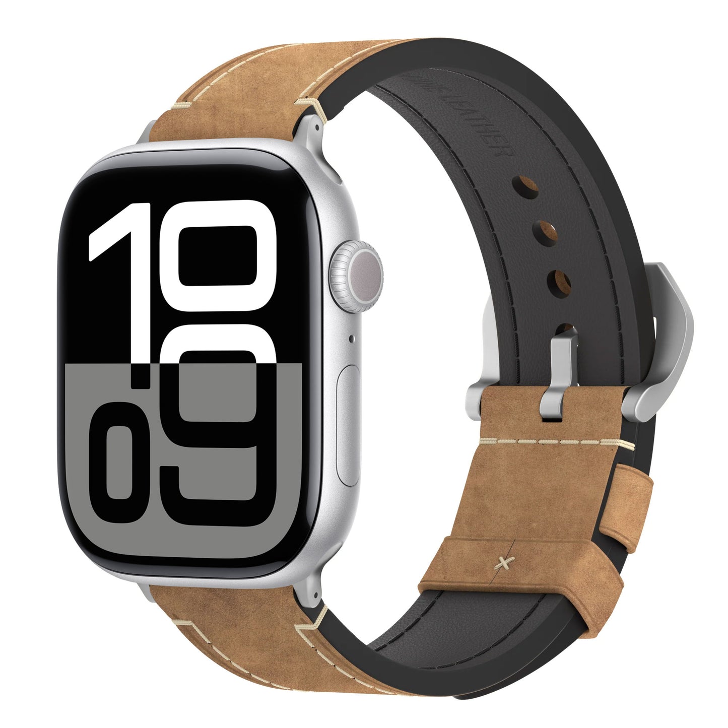 Die arktisband Apple Watch PALERMO GRANDE verfügt über ein braunes Vintage-Lederarmband und eine auffällige schwarz-weiße digitale Zeitanzeige.