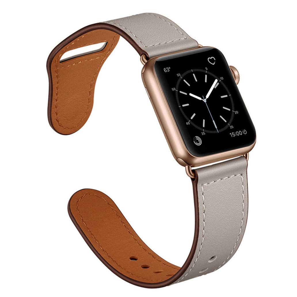 Das arktisband Apple Watch Lederarmband „Novus“ von arktisband in Beige und Braun verleiht Ihrer Uhr einen minimalistischen Look und hohen Tragekomfort. Das rechteckige Display zeigt Uhrzeit, Datum und Wetter auf weißem Hintergrund.