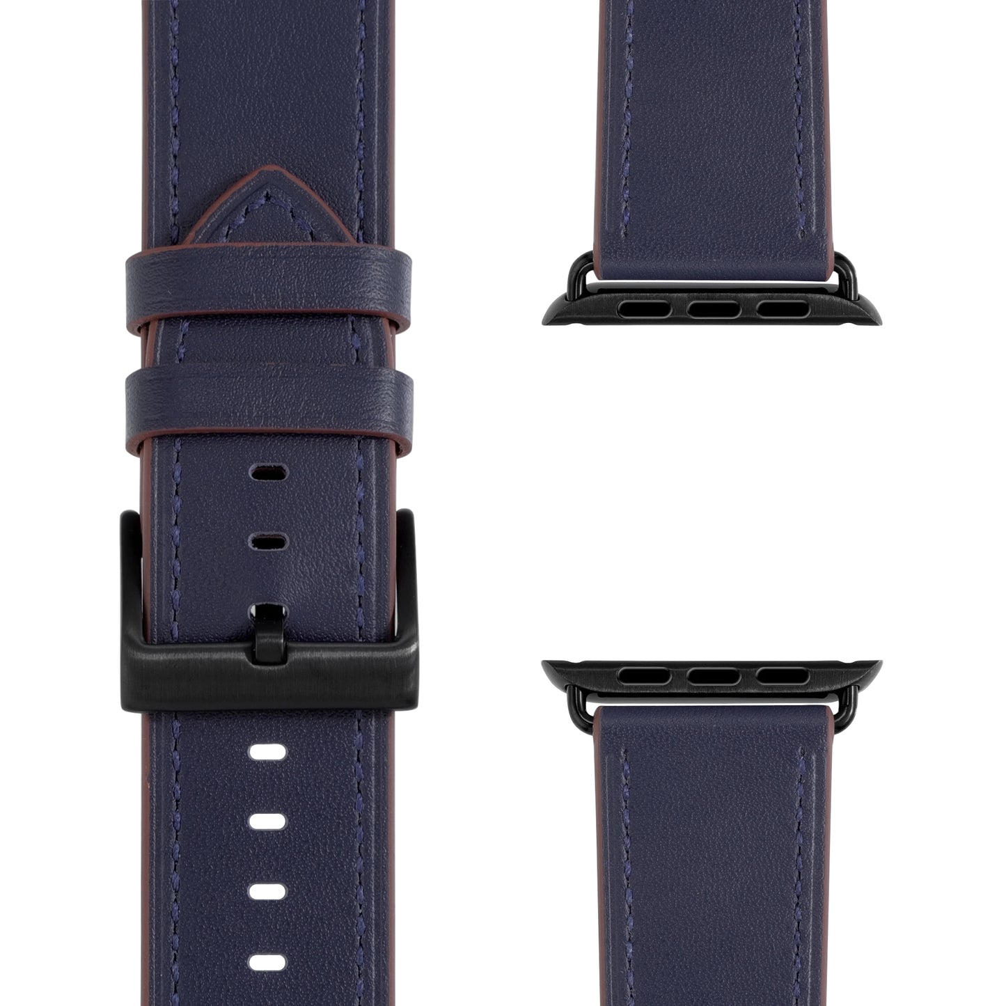 Das arktisband Apple Watch Lederarmband „Premium“ in Marineblau mit schwarzer Hardware wird aus drei Blickwinkeln angezeigt: Vorderansicht mit Edelstahl-Dornschließe, oberes Segment und unteres Segment, jeweils mit Schnellverschlüssen.