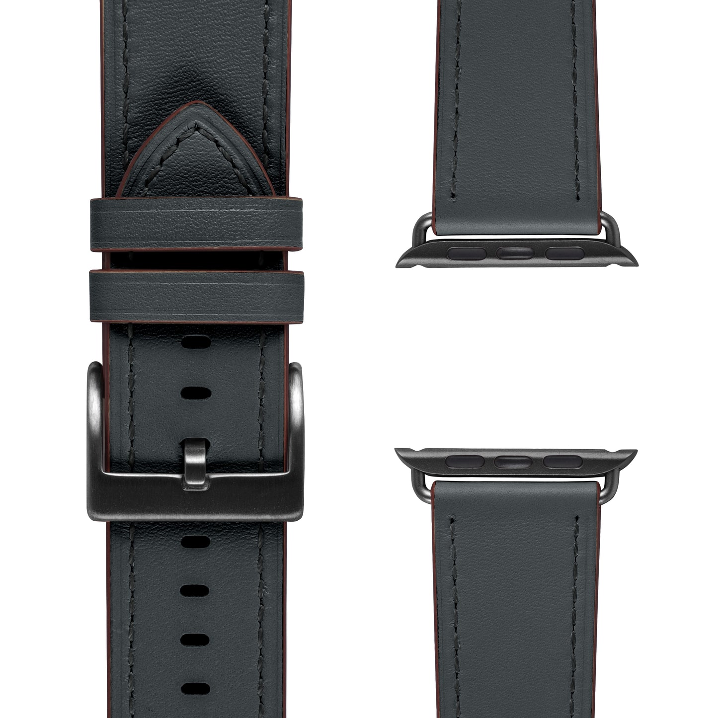Drei Ansichten des arktisband Apple Watch Lederarmbands "Premium" in Schwarz mit roten Nähten, Edelstahlschließe und Schnellverschlüssen von arktisband, jeweils montiert und einzeln dargestellt.