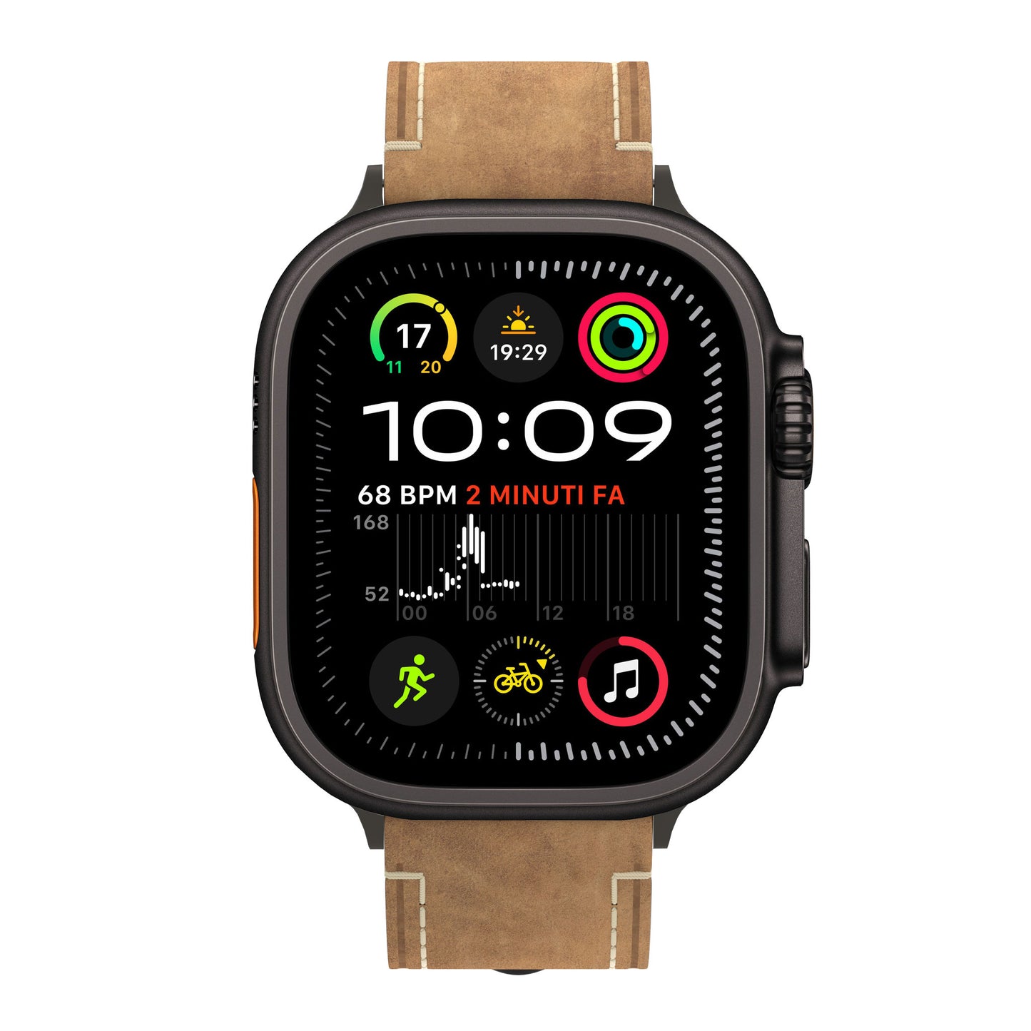Das arktisband Apple Watch Ultra PALERMO GRANDE Lederarmband zeigt 10:09 auf einem schwarzen Display mit Aktivitäts-, Herzfrequenz- (68 BPM), Radfahr-, Musik- und Kalendersymbolen an. Inspiriert von der Apple Watch Ultra.