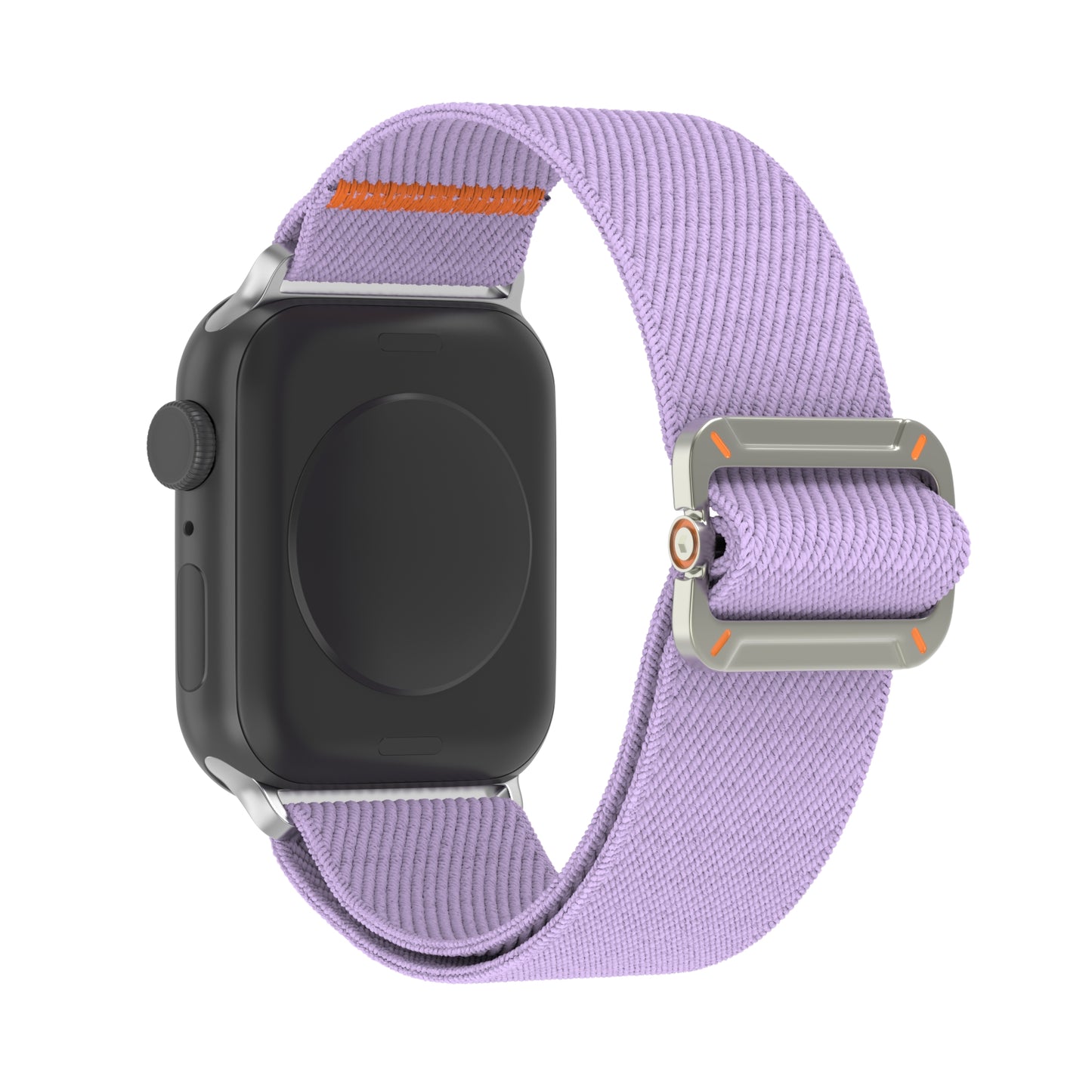 Das Arktisband Apple Watch Nylonarmband "FlexOne" in lavendel wird mit einem schwarzen Smartwatch-Bildschirm auf weißem Hintergrund gezeigt.