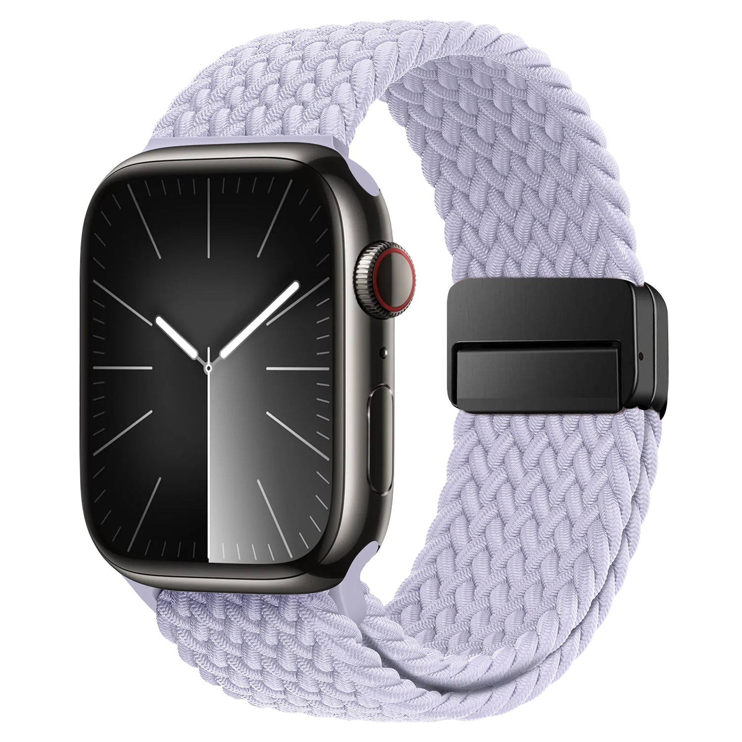 Das arktisband Geflochtene Apple Watch Armband „Casual“ hat ein schwarzes Zifferblatt, ein geflochtenes lavendelfarbenes Band und einen praktischen Magnetverschluss – ein stilvolles Accessoire für Ihre Apple Watch.
