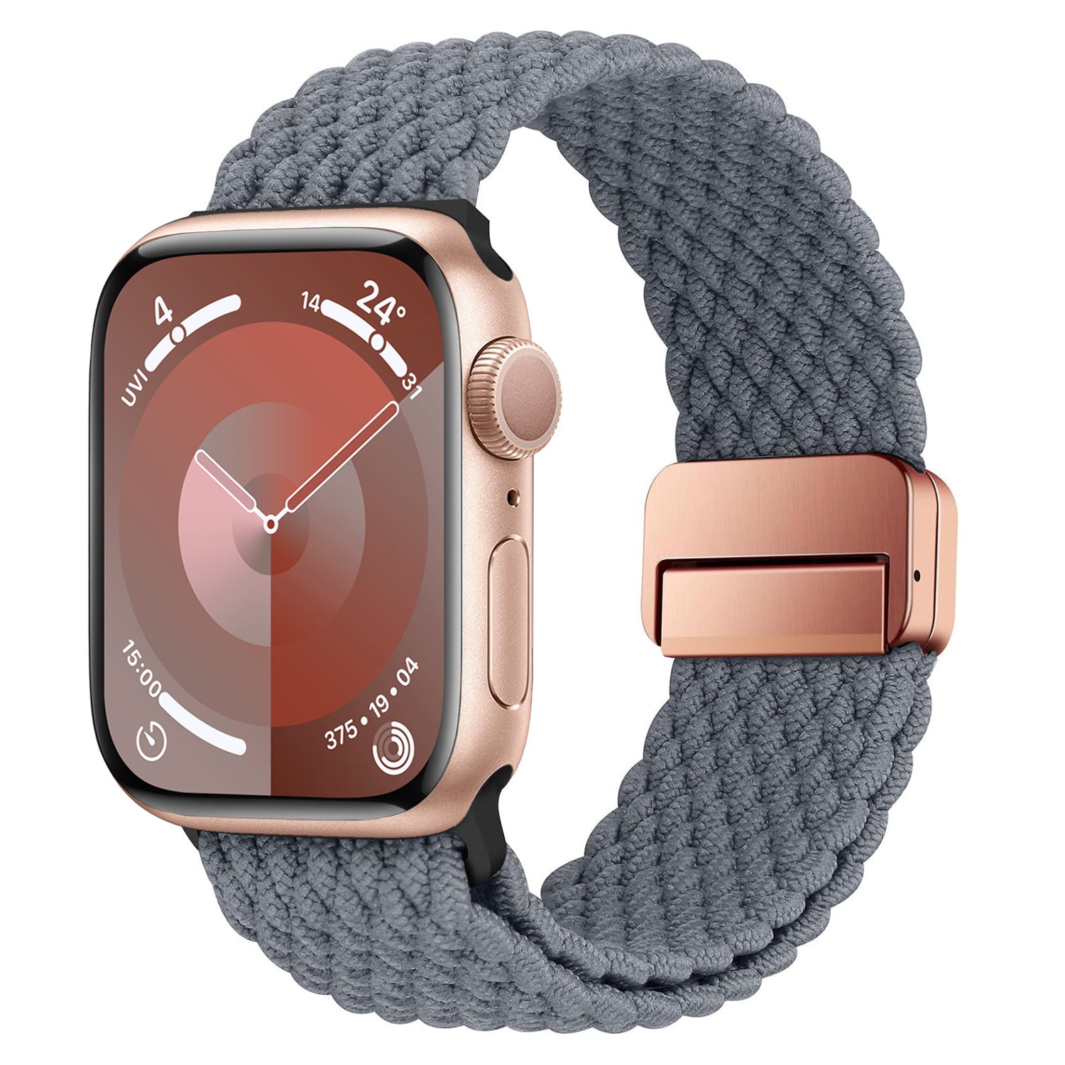Das arktisband Geflochtene Apple Watch Armband „Casual“ in Grau passt stilvoll zu einer roségoldenen Smartwatch und verfügt über einen Magnetverschluss und eine minimalistische Digitalanzeige.