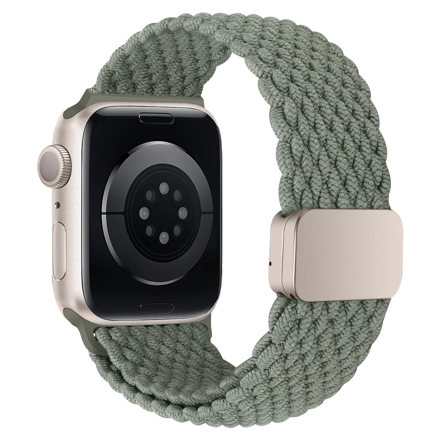 Eine Smartwatch mit silbernem Gehäuse und einem arktisband Geflochtenes Apple Watch Armband „Casual“ mit Magnetverschluss in Grün, von der Rückseite abgebildet.