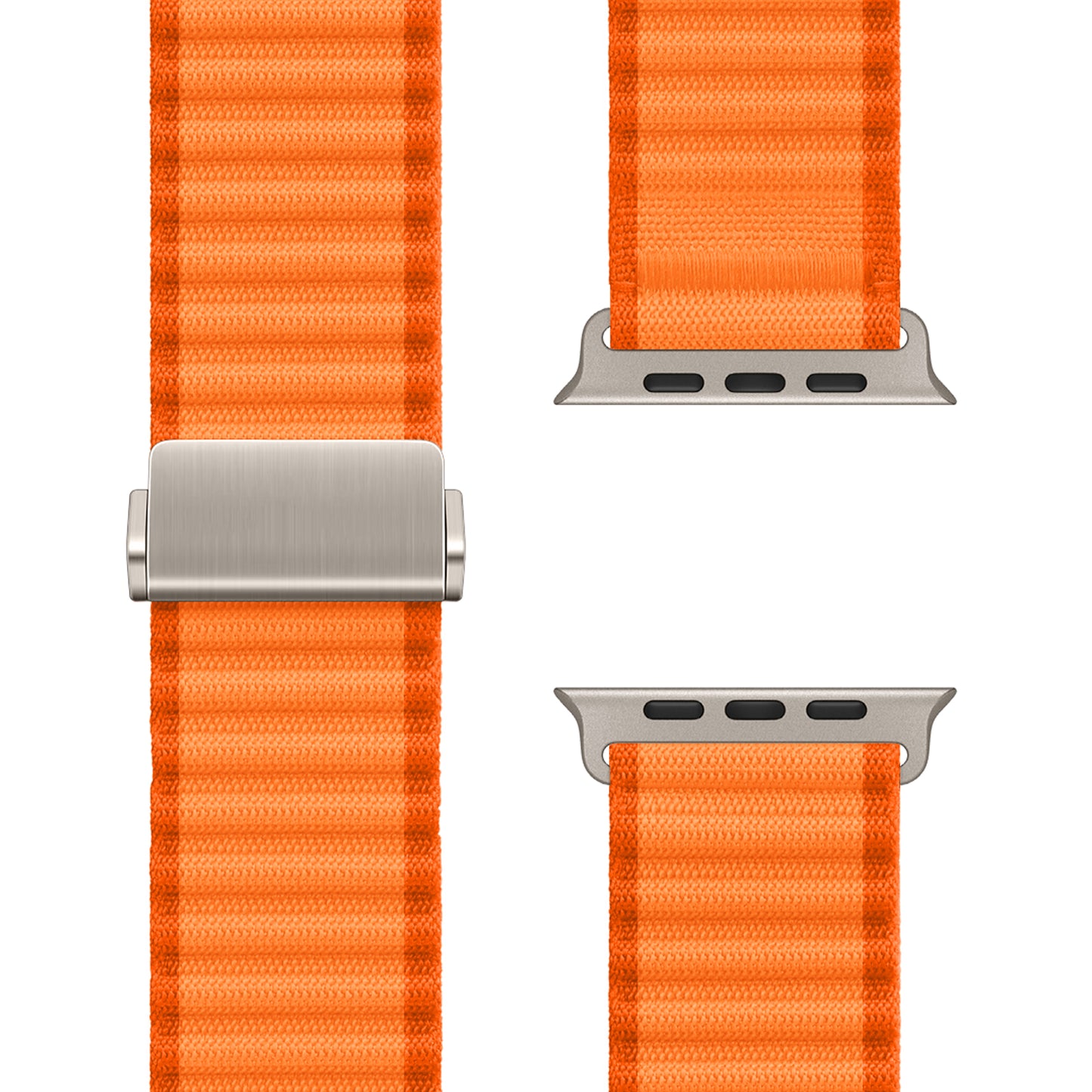 Das arktisband Apple Watch Nylonarmband „Venture“ in leuchtendem Orange besticht durch eine einzigartige Wellenoptik und silberne Verbinder, die aus verschiedenen Blickwinkeln auf weißem Hintergrund dargestellt werden – perfekt für jedes Abenteuer.