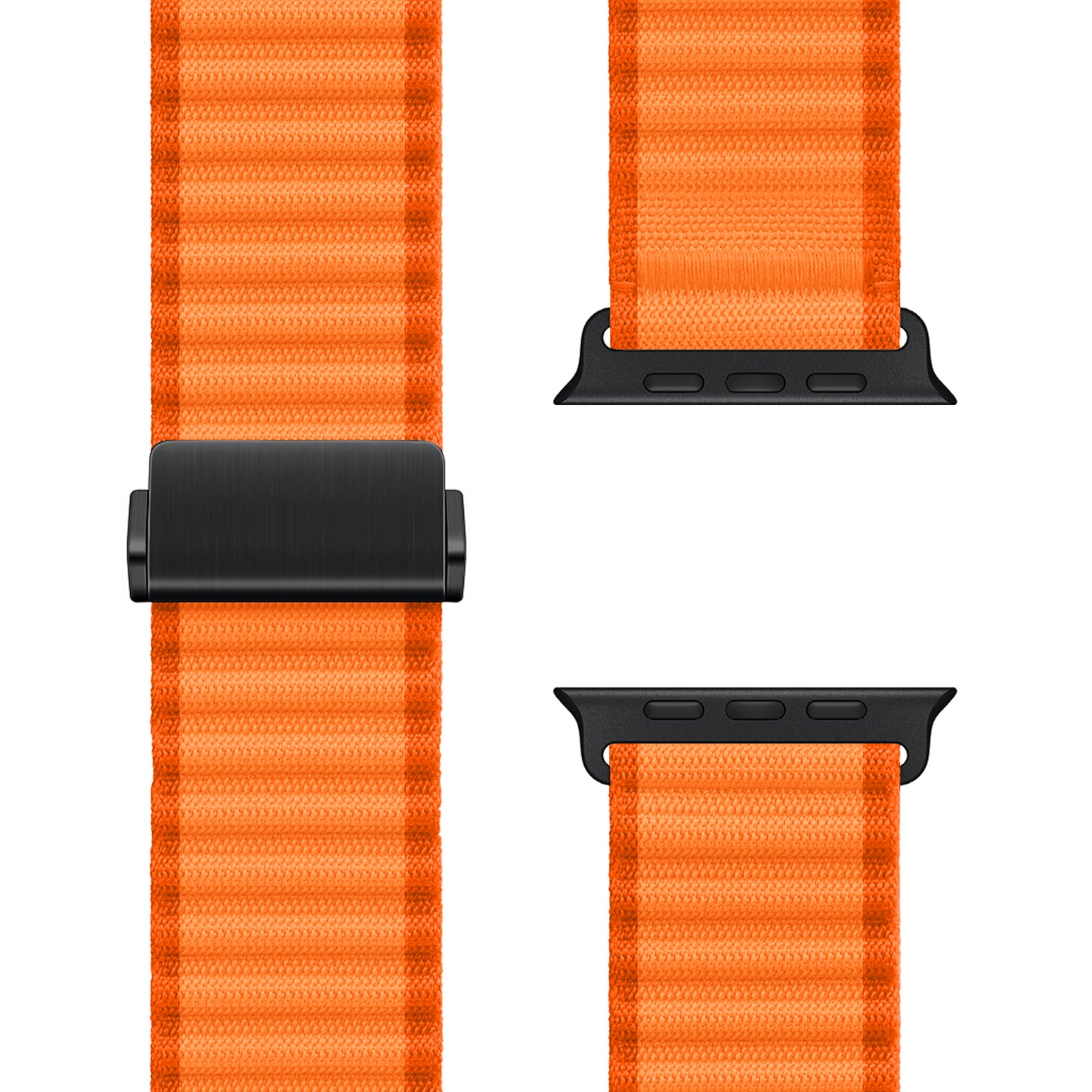 Nahaufnahme des arktisband Apple Watch Nylonarmbands „Venture“ in Orange mit Wellenstruktur, schwarzen Anschlüssen und Verschluss. Dargestellt in drei Abschnitten auf weißem Hintergrund – ideal für Outdoor-Fans.