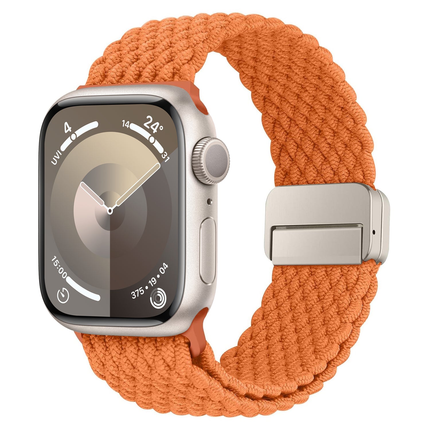 Das arktisband Geflochtene Apple Watch Armband „Casual“ mit Magnetverschluss in Orange wird mit einem silbernen Apple Watch-Gehäuse gezeigt, auf dessen Display die Uhrzeit angezeigt wird.