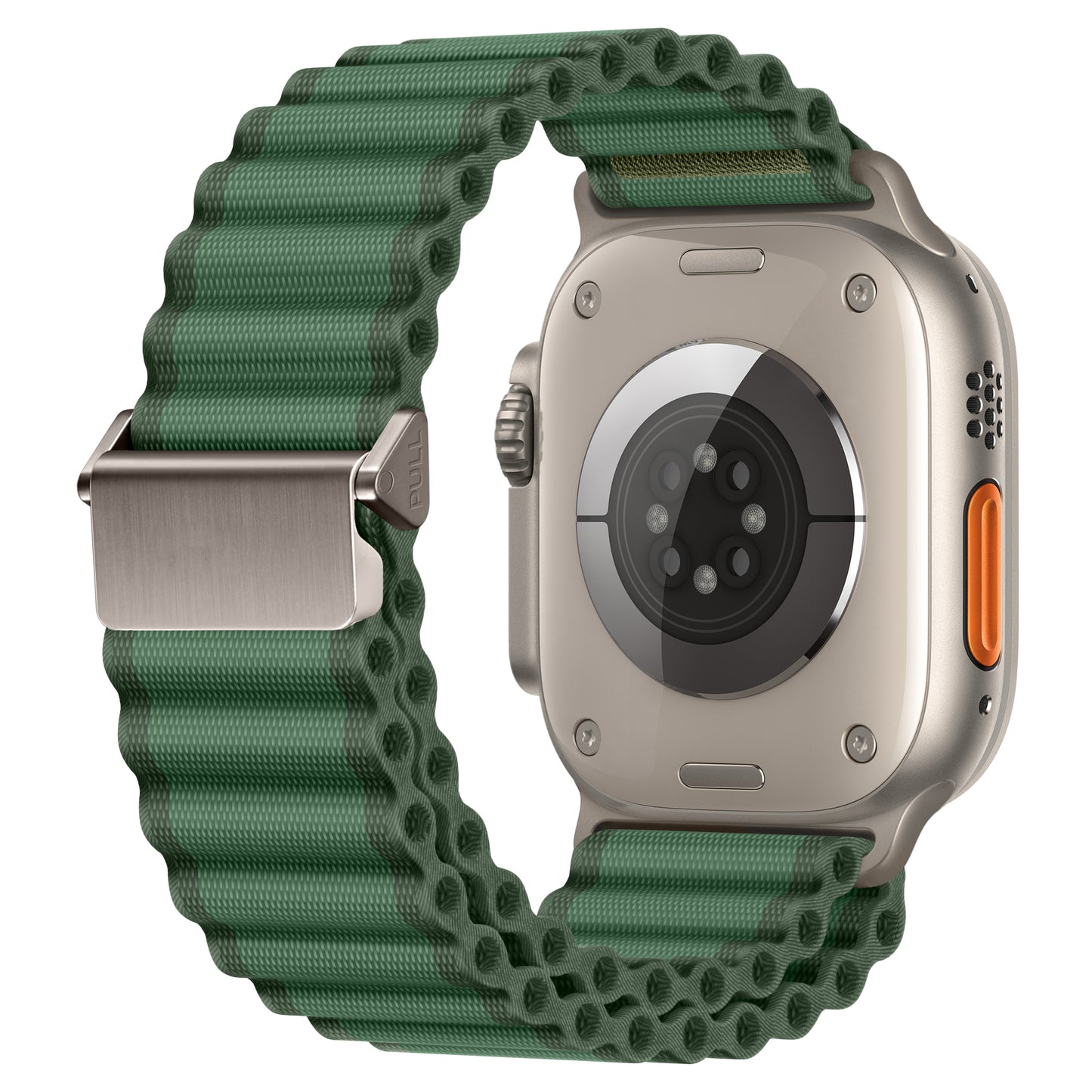 Rückansicht des arktisband Apple Watch Nylonarmbands „Venture“ in Grün mit silbernem Gehäuse und orangefarbenem Seitenknopf – stylischer Wellen-Look von arktisband, ideal für Abenteuer unterwegs.
