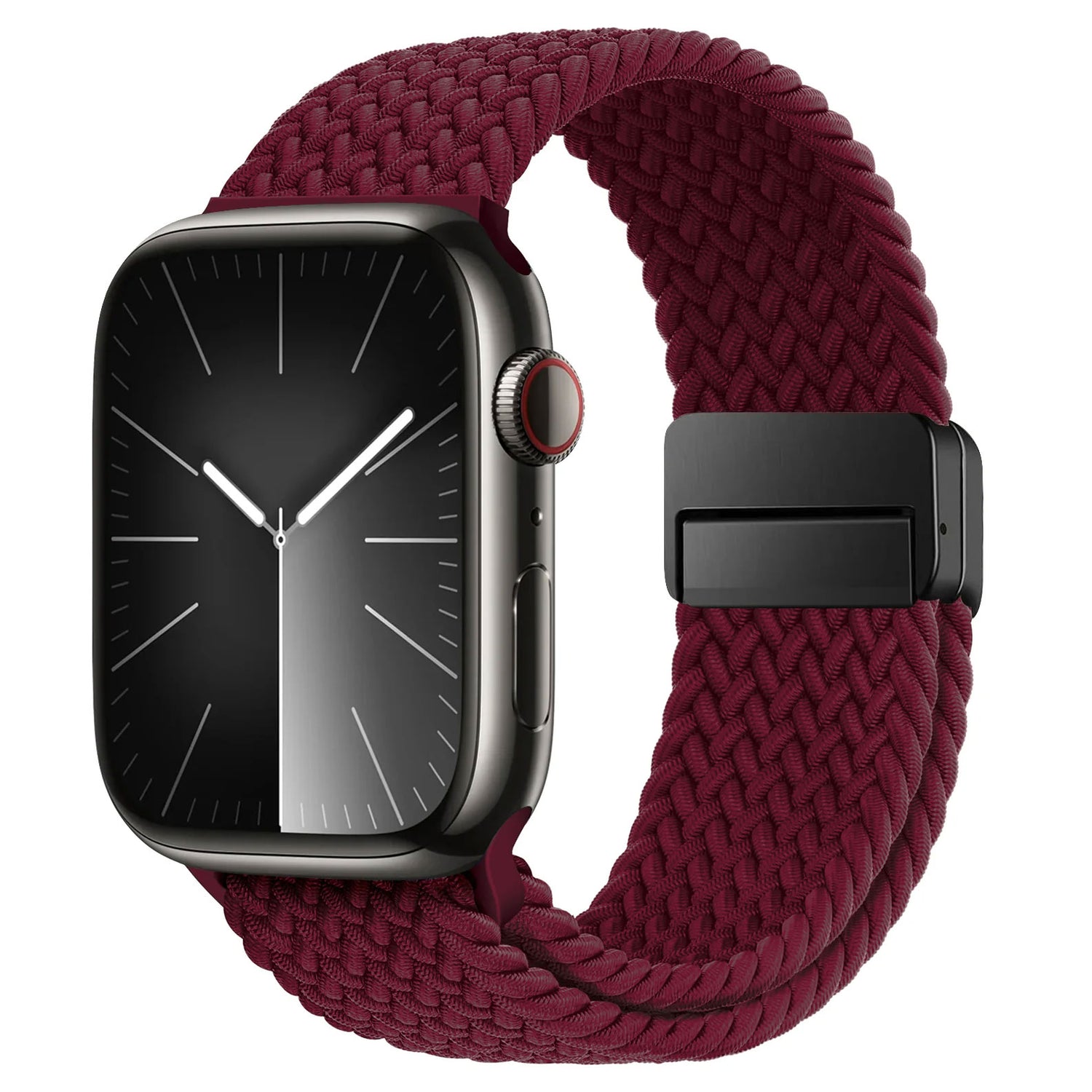 Das arktisband Geflochtene Apple Watch Armband „Casual“ in Kastanienbraun mit Magnetverschluss verleiht Ihrer Apple Watch Stil, hier mit schwarzem Zifferblatt von vorne gezeigt – ein ideales Accessoire von arktisband.