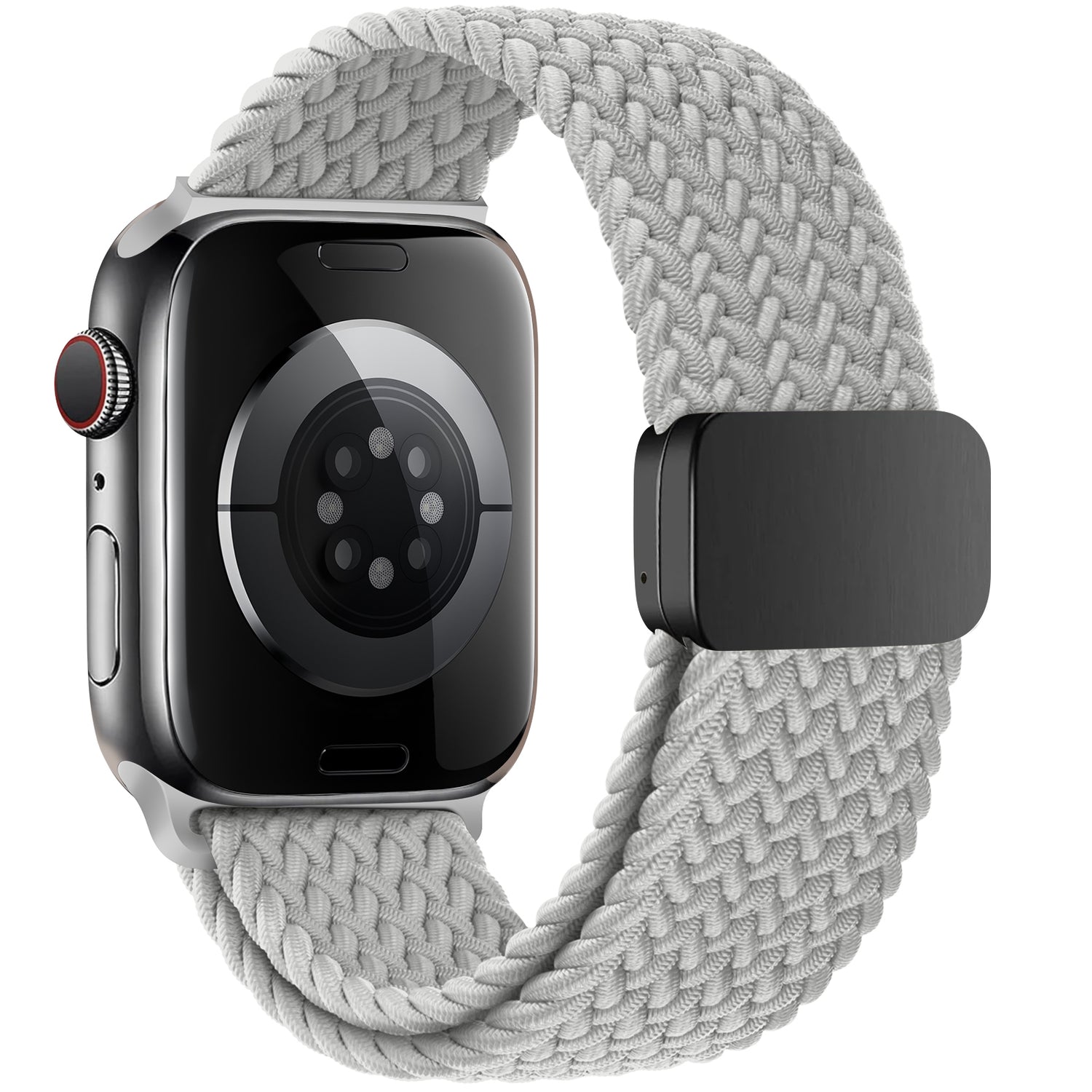 Die Rückseite einer Apple Watch ist zu sehen. Darin ist das arktisband Geflochtene Apple Watch Armband „Casual“ von arktisband in Grau mit Magnetverschluss zu sehen, der die Sensoren und den Verschluss hervorhebt.