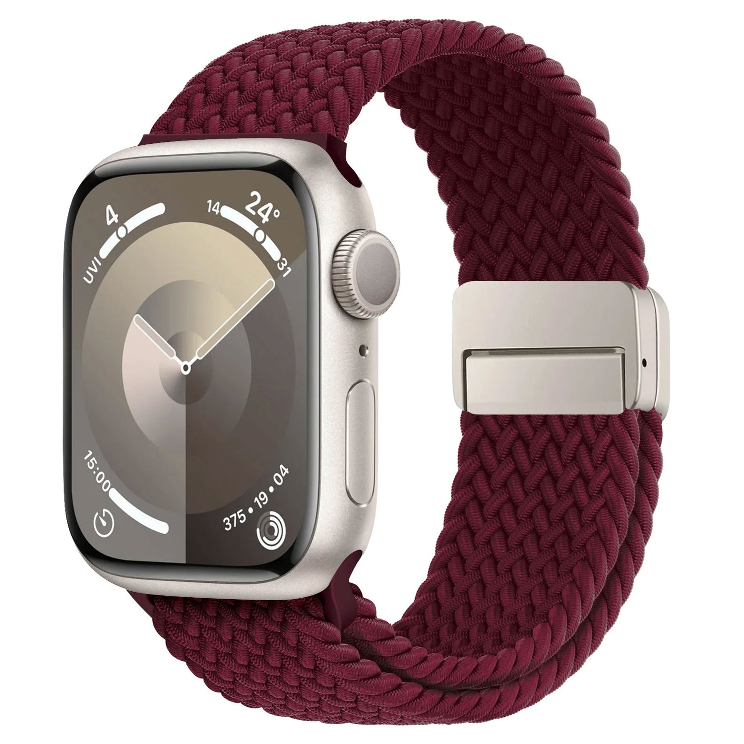 Silberne Apple Watch mit einem Arktisband. Geflochtenes Apple Watch Armband „Casual“ in Kastanienbraun, mit Magnetverschluss und rundem digitalem Zifferblatt.