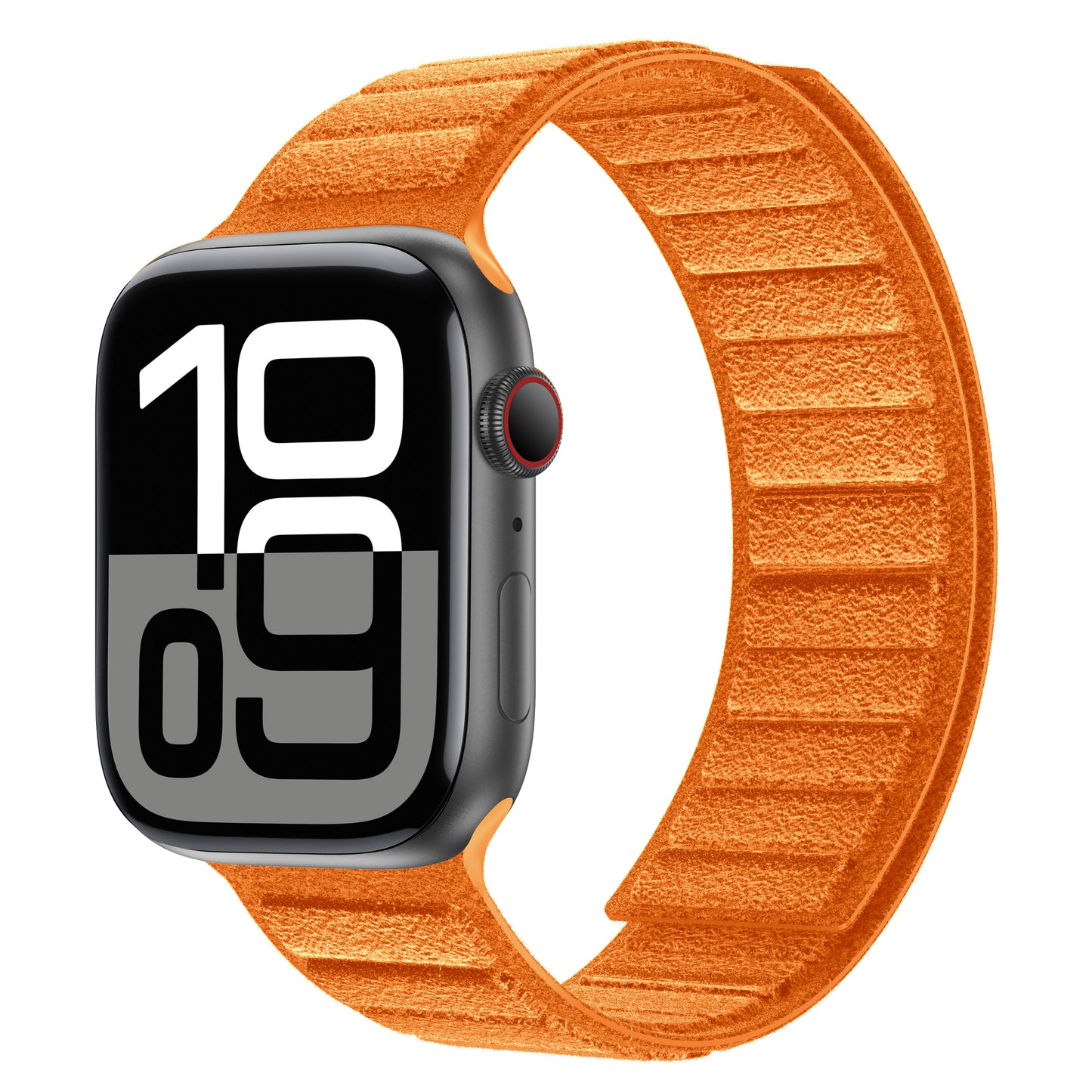 Eine Smartwatch mit großer Digitalanzeige und einem orangefarbenen, strukturierten Armband Apple Watch magnetisches Armband aus Alcantara.
