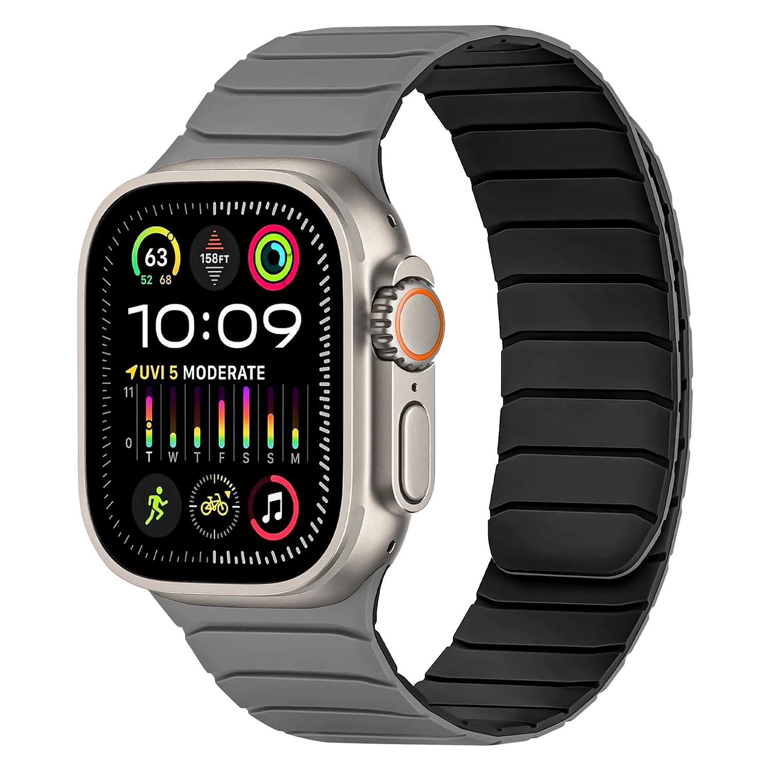 Das magnetische Armband „MagFlow“ von Arktisband für die Apple Watch verfügt über ein graues Metallgehäuse, ein rechteckiges Display mit 10:09 und Gesundheitsstatistiken sowie ein elegantes grau-schwarzes Silikonband mit Magnetverschluss – perfekt für Ihre Apple Watch.