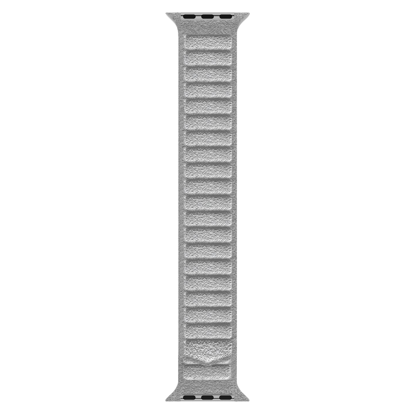 Das arktisband Apple Watch magnetisches Armband aus Alcantara hat ein strukturiertes, hellgraues Design mit rechteckigen Rillen. Abgebildet vertikal auf einem weißen Hintergrund. Hergestellt in Italien von arktisband für Ihre Apple Watch.
