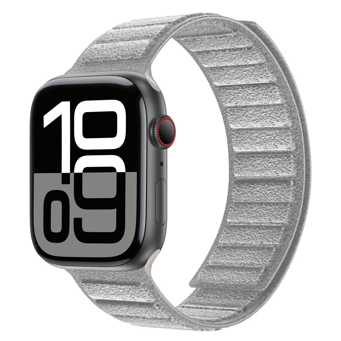 Das arktisband Apple Watch magnetisches Armband aus Alcantara verfügt über ein luxuriöses, hellgraues Strukturband, das Ihrer modernen Smartwatch mit großem Digitaldisplay Eleganz verleiht.