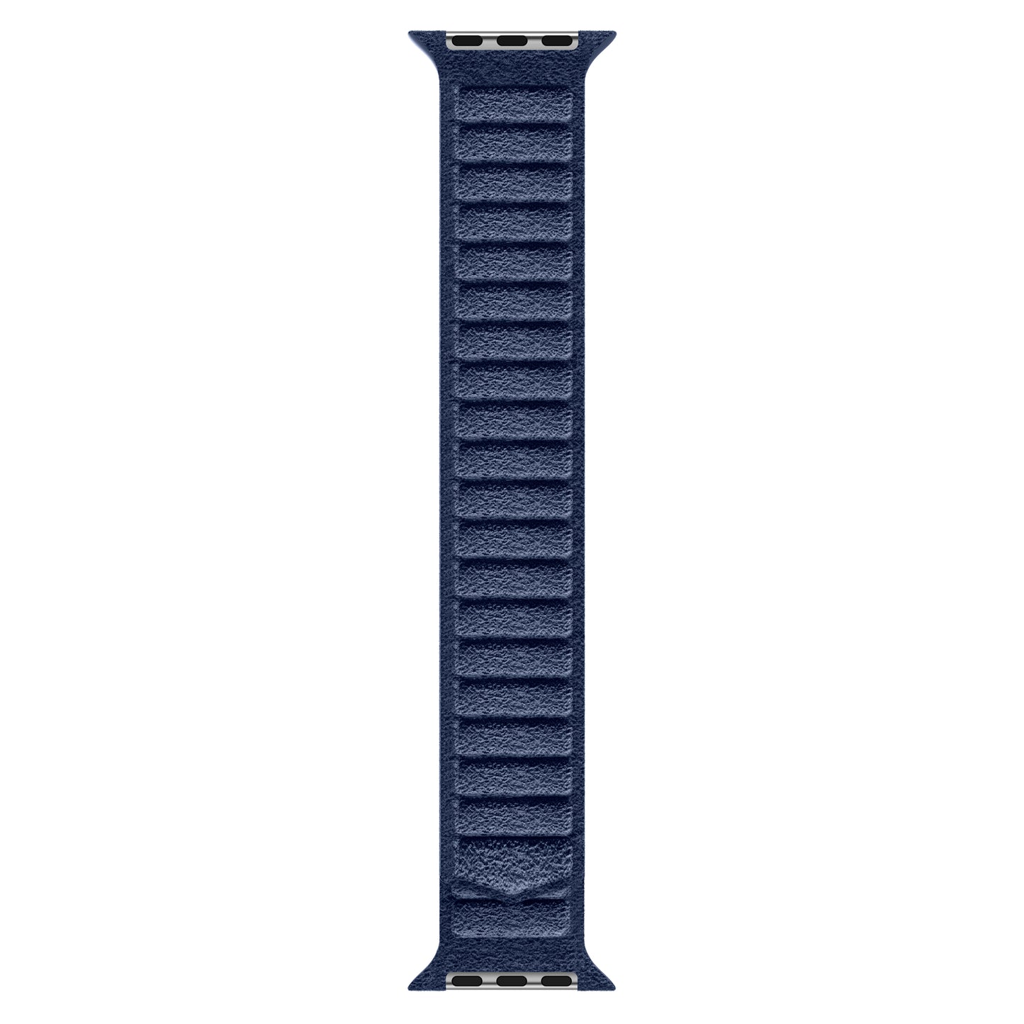 Das arktisband Apple Watch magnetisches Armband aus Alcantara in marineblau hat rechteckige Segmente, ist aus hochwertigem Alcantara gefertigt, vertikal auf weißem Hintergrund abgebildet und wird in Italien hergestellt.