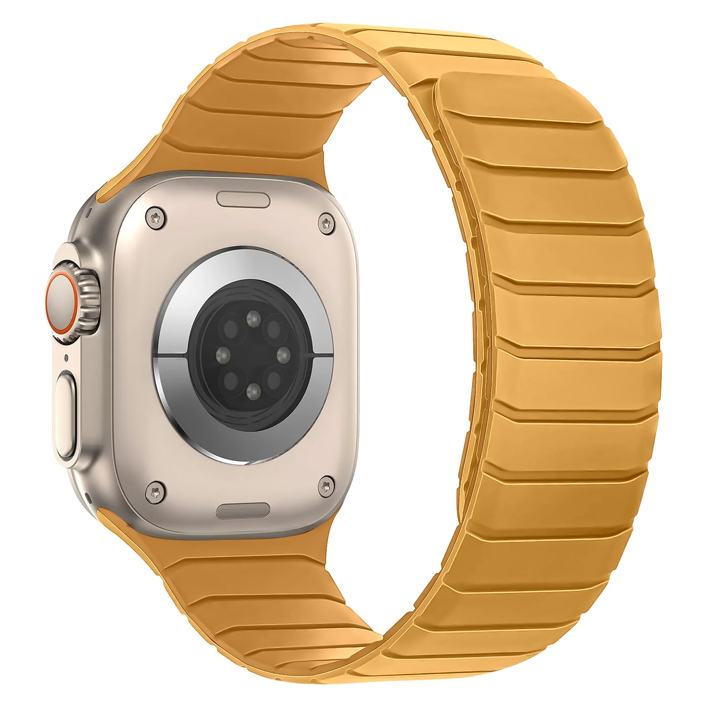 Das magnetische Armband „MagFlow“ von arktisband für die Apple Watch, abgebildet mit einem Titangehäuse und einem gelben, geriffelten Silikonband, wird aus einer schrägen Rückansicht gezeigt, die das Sensor-Array und die digitale Krone hervorhebt.