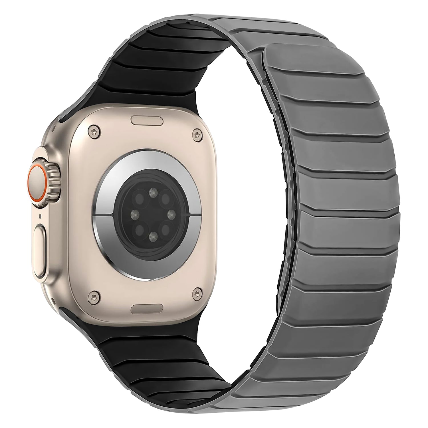 Eine Nahaufnahme einer rechteckigen Smartwatch mit sichtbaren Sensoren, Metallgehäuse, Seitentaste mit orangefarbenem Akzent und einem magnetischen Armband „MagFlow“ für die Apple Watch von Arktisband aus glattem Silikon von Arktisband.