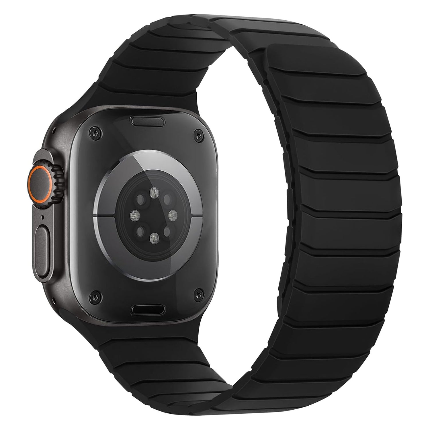 Das arktisband magnetische Armband „MagFlow“ für die Apple Watch ist in Schwarz mit einem runden Sensor und einem segmentierten Silikonband erhältlich. Der magnetische Halt von arktisband sorgt für sicheren und bequemen Tragekomfort den ganzen Tag.