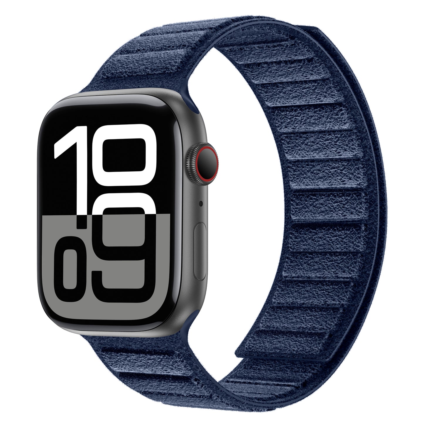 Die Apple Watch von arktisband verfügt über ein magnetisches Alcantara-Band in Dunkelblau mit strukturierter Oberfläche und einer auffälligen digitalen Zeitanzeige.