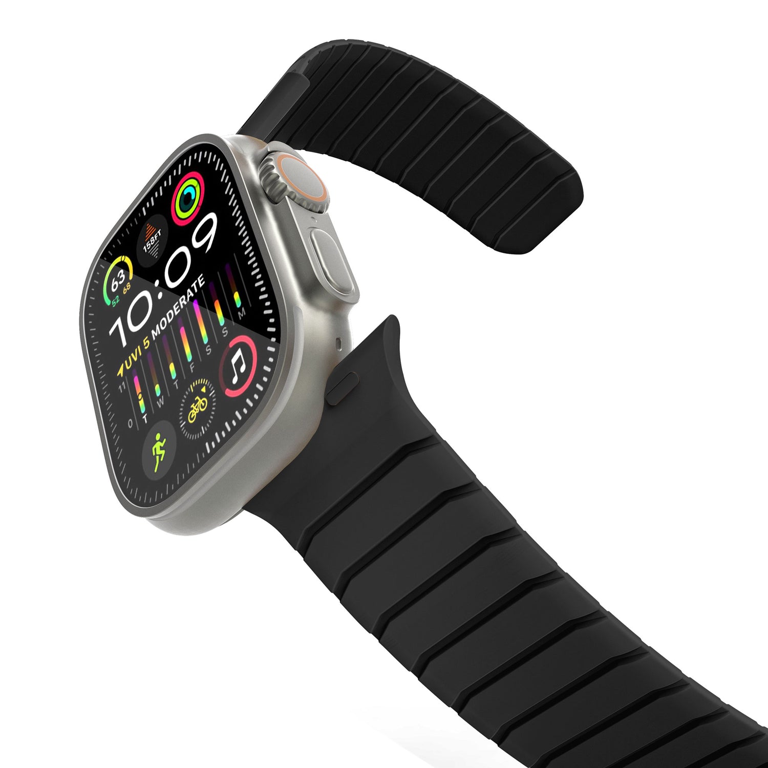 Das magnetische Armband „MagFlow“ für die Apple Watch in Schwarz verfügt über ein farbenfrohes Display, das die Uhrzeit, Aktivitätsringe und verschiedene App-Symbole für einfachen Zugriff anzeigt.