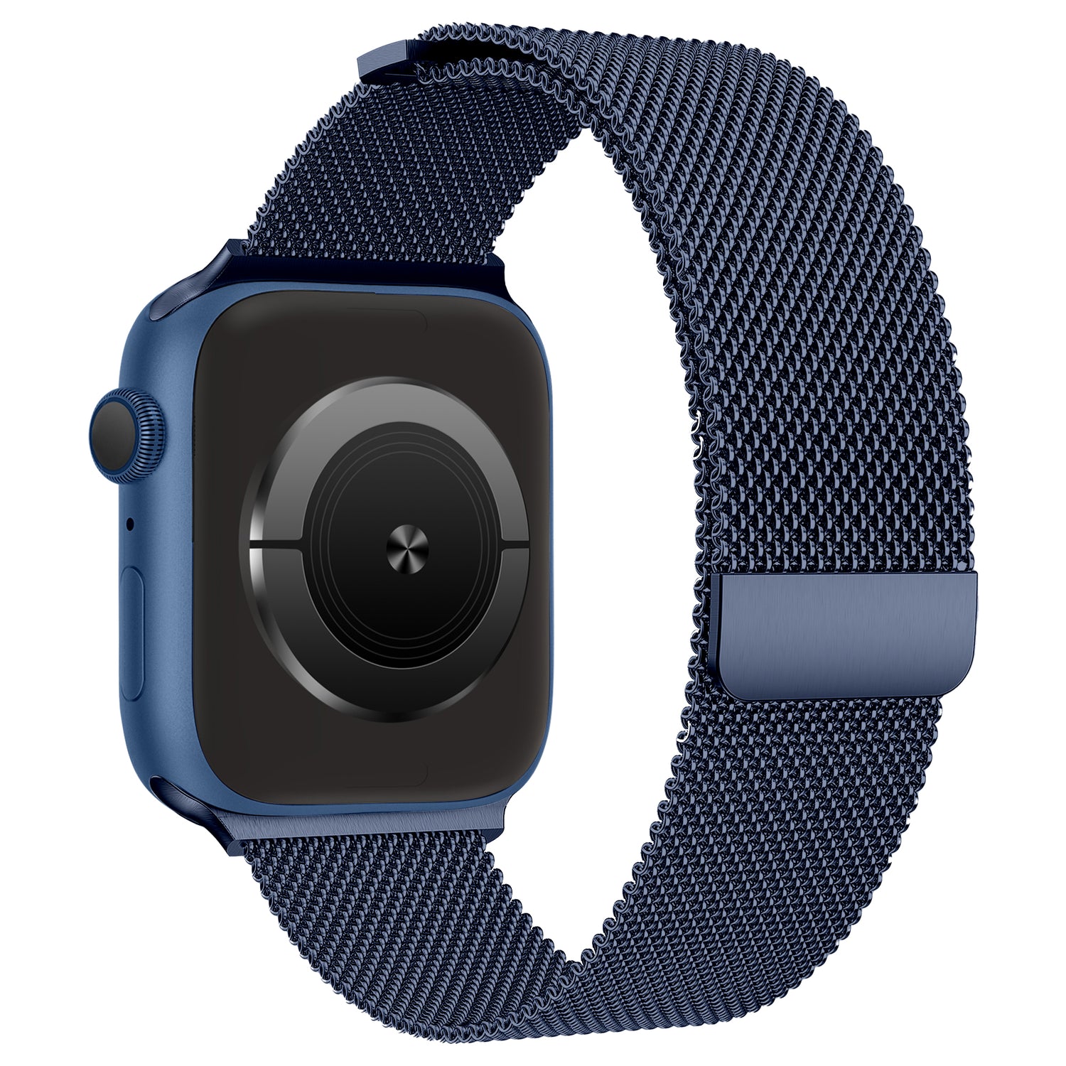 Ein blaues Arktisband Apple Watch Milanaise Loop Armband mit dunklem Bildschirm und kreisförmigem Sensormuster wird aus einer schrägen Seitenansicht gezeigt.