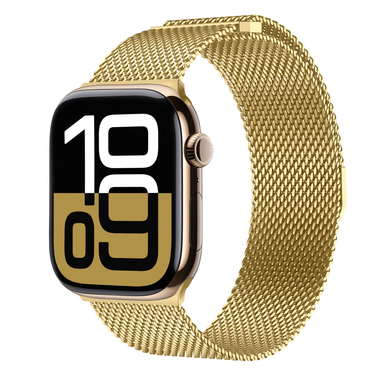 Das arktisband Apple Watch Milanaise Armband „Bold“ verfügt über ein stilvolles Golddesign, eine auffällige Digitalanzeige mit 10:09 und ist Apple Watch-kompatibel für vielseitiges Tragen im Alltag.