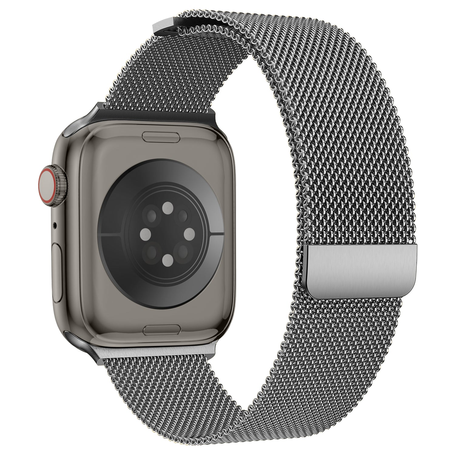 Eine Nahaufnahme zeigt das arktisband Apple Watch Milanaise Loop Armband von hinten und hebt den verstellbaren Verschluss und den Sensorbereich auf einer Uhr mit abgerundetem Gehäuse und einem roten Ring am Seitenknopf hervor.