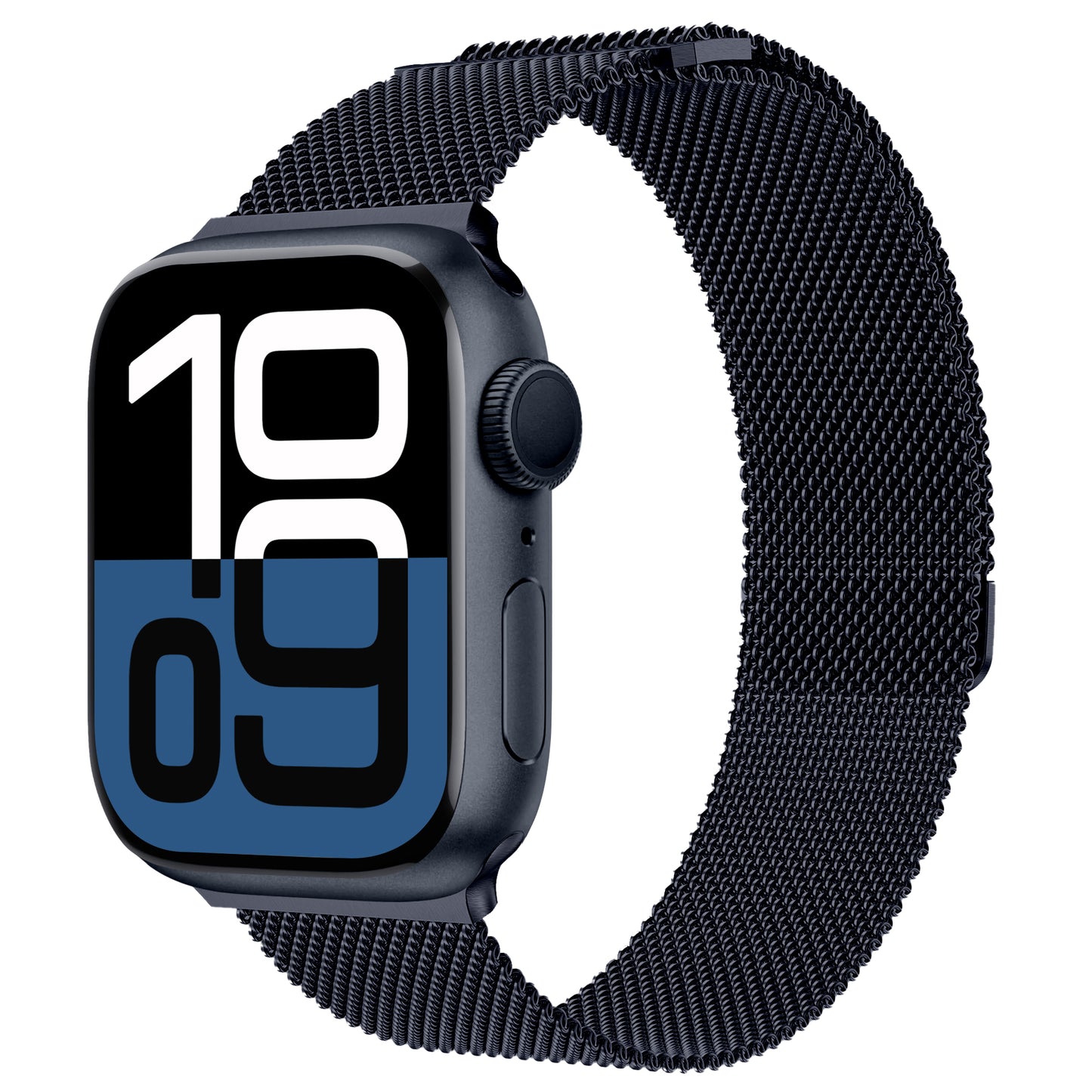 Ein schwarzes Arktisband Apple Watch Milanaise Loop Armband umschließt die Uhr elegant. Auf dem rechteckigen Display zeigt sie „10:09“ in kräftigem Weiß und Blau an. Das Gerät verfügt über eine seitliche Taste und eine digitale Krone.