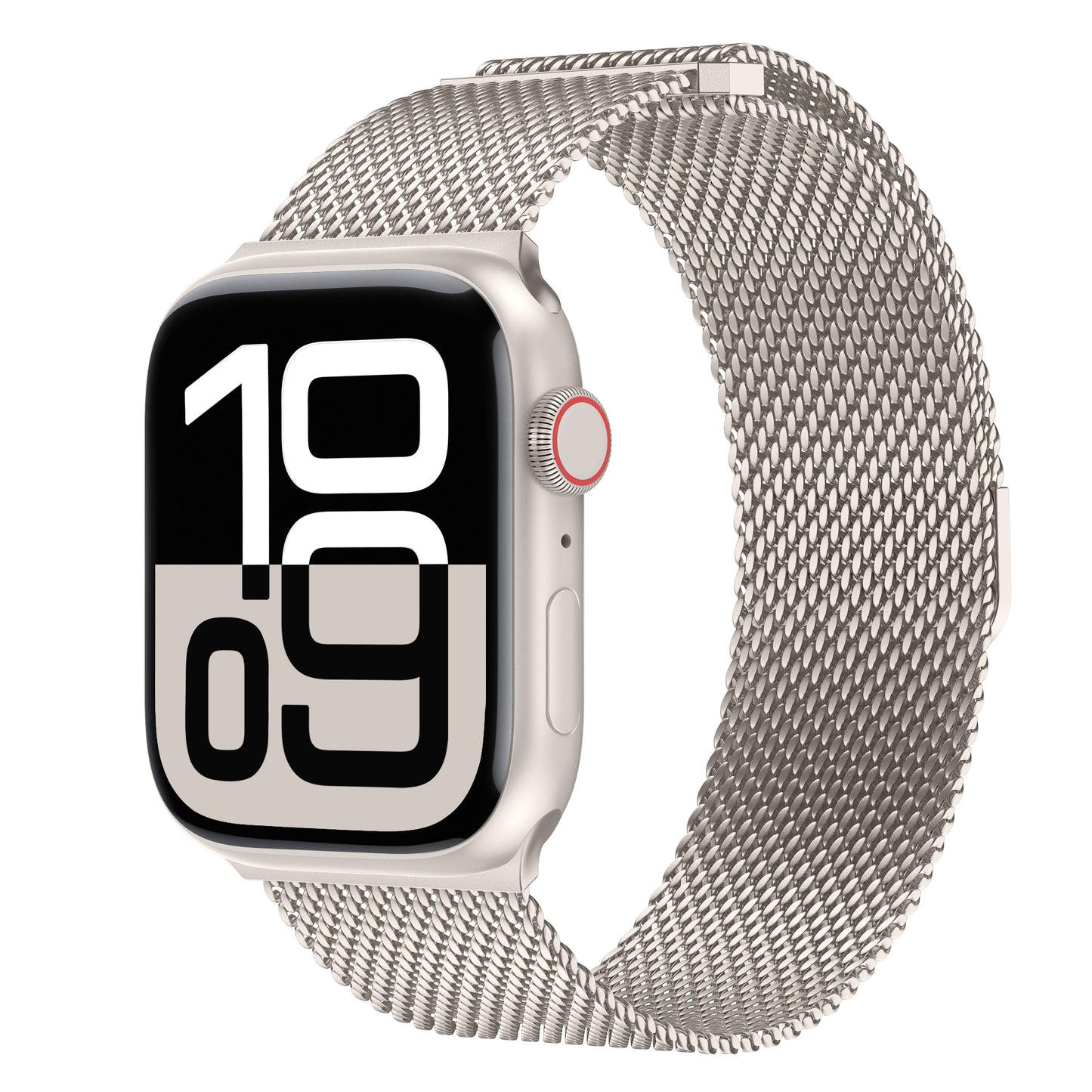 Das arktisband Apple Watch Milanaise Armband „Bold“ in Silber verfügt über eine moderne Digitaluhr auf dem Display und ist mit der Apple Watch kompatibel.