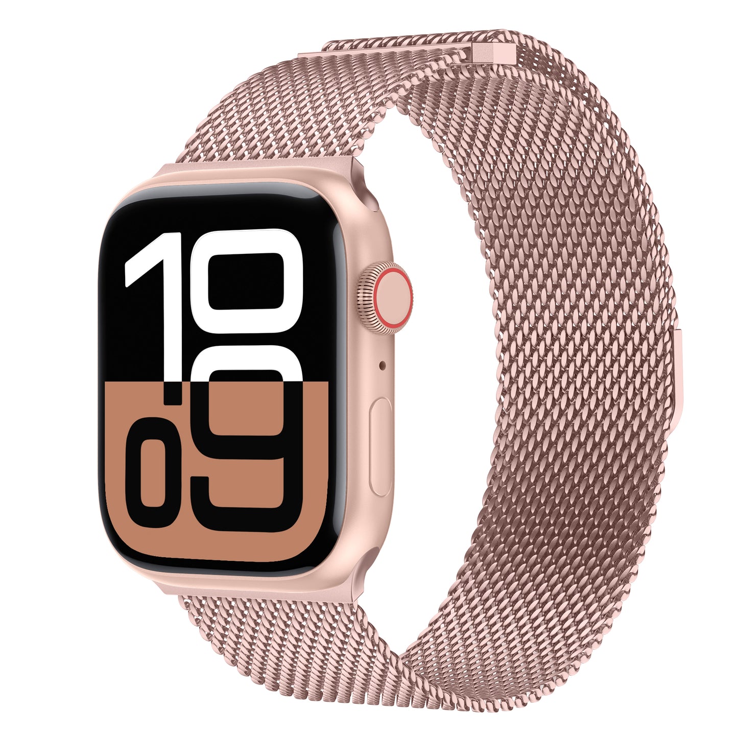 Das arktisband Apple Watch Milanaise Armband „Bold“ in Roségold passt zur Apple Watch und zeigt auf dem Display die digitale Uhrzeit 10:09 an.