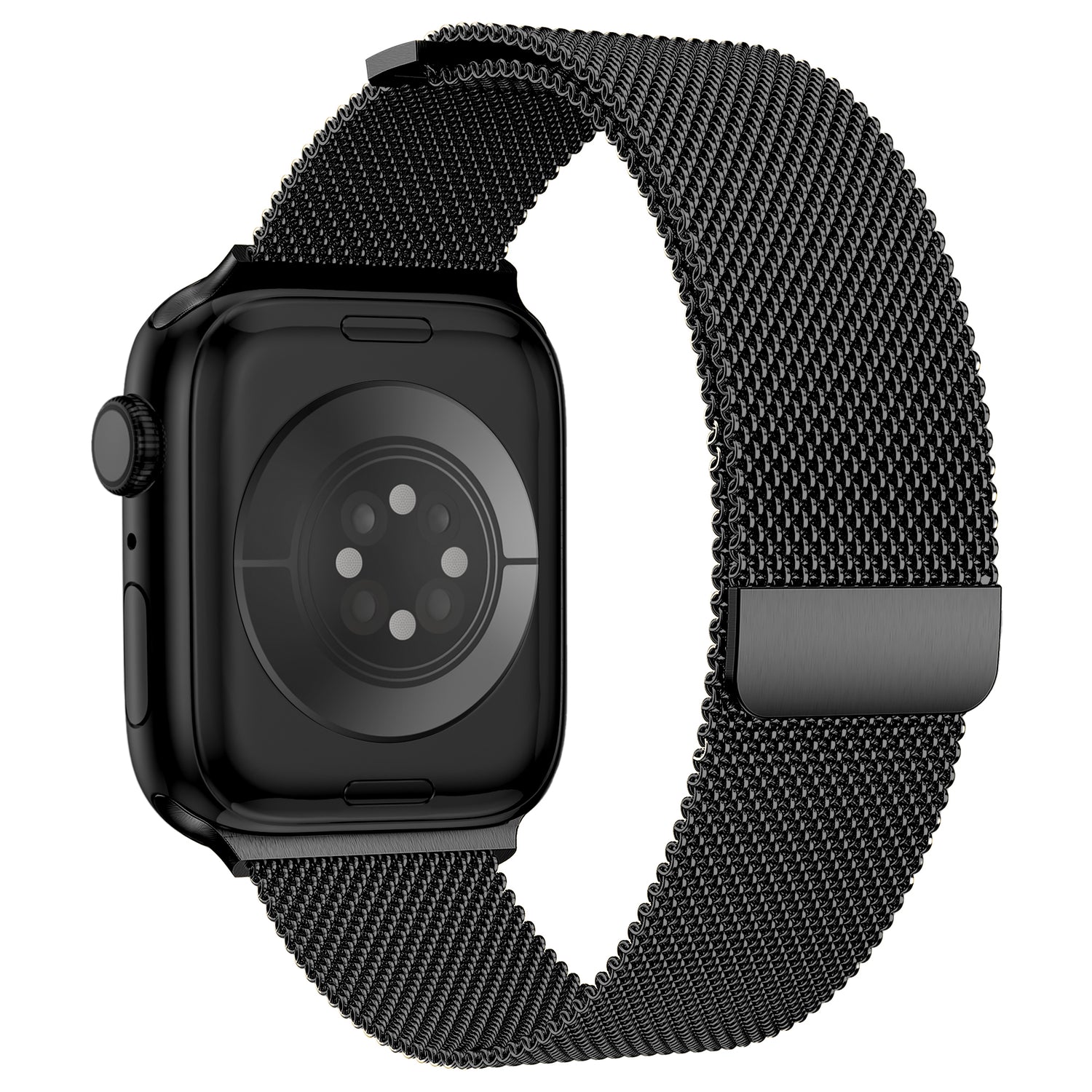 Das arktisband Apple Watch Milanaise Loop Armband in Schwarz wird von hinten gezeigt und hebt seine runden Sensoren, den seitlichen Knopf und das feine Netzband mit einem sicheren Verschluss für einen modernen Look hervor.