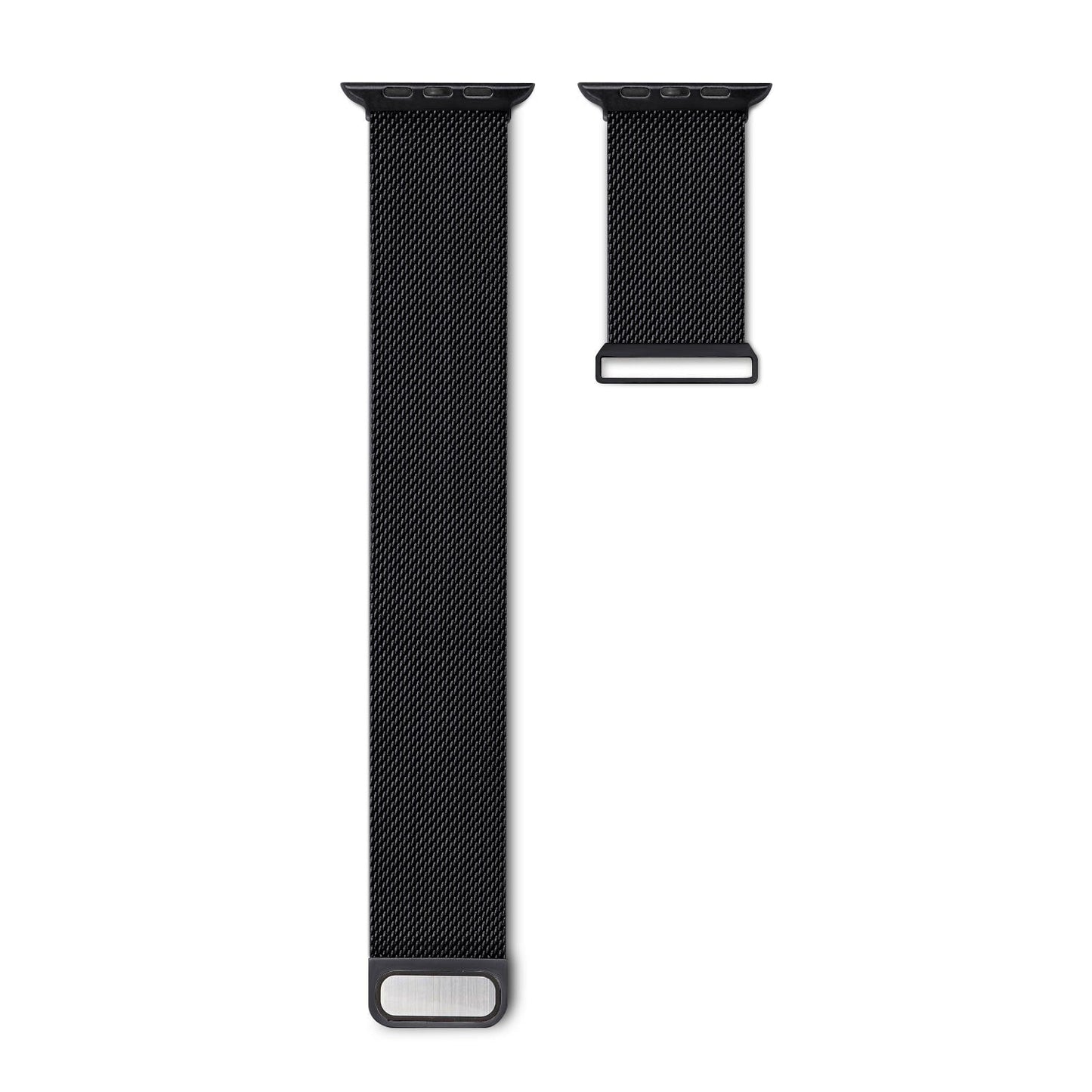Das arktisband Apple Watch Milanaise Loop Armband von arktisband ist in Schwarz abgebildet, bestehend aus zwei flachen Teilen auf weißem Hintergrund. Das Edelstahl-Mesh-Armband verfügt an jedem Ende über Magnetverschlüsse.