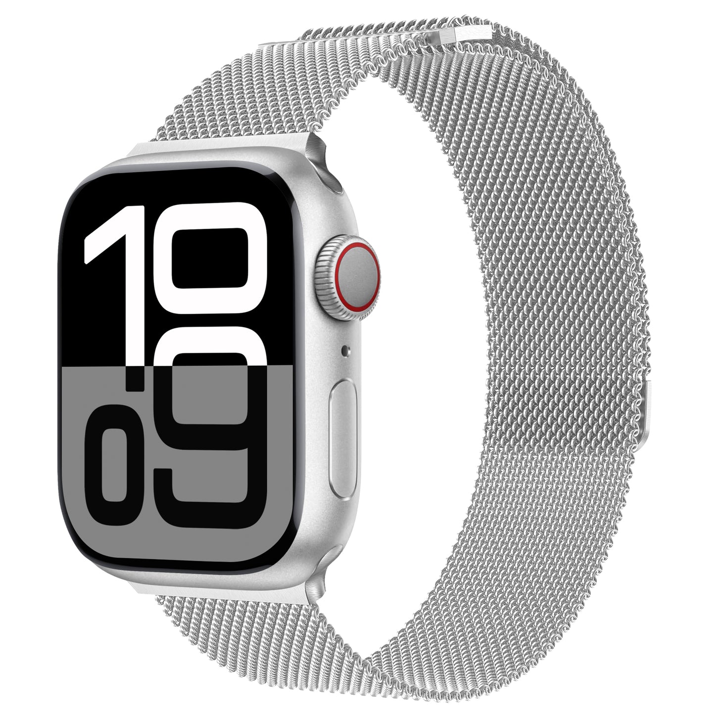 Ein silbernes Arktisband Apple Watch Milanaise Loop Armband ist schräg abgebildet und zeigt eine schwarz-weiße Digitaluhr, die auf 10:09 Uhr eingestellt ist. Auf der rechten Seite der Uhr befinden sich der Seitenknopf und die rot umrandete Krone.